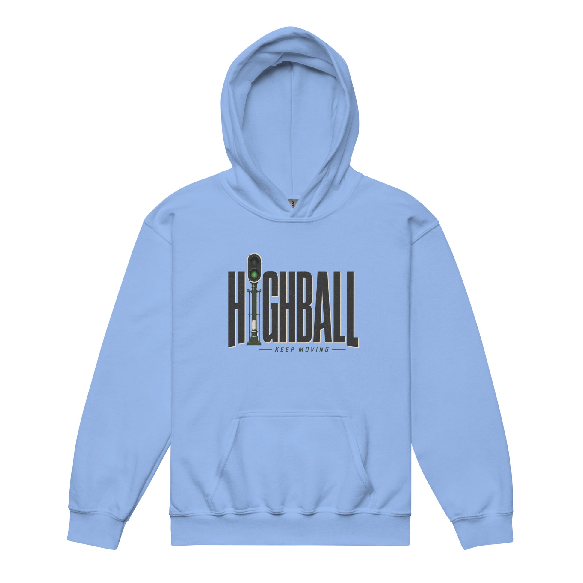 A light blue pullover hoodie displayed on a plain white background, featuring a chest graphic with the word HIGHBALL in tall grey letters, where the letter I is a green railroad signal, sitting above the text KEEP MOVING.