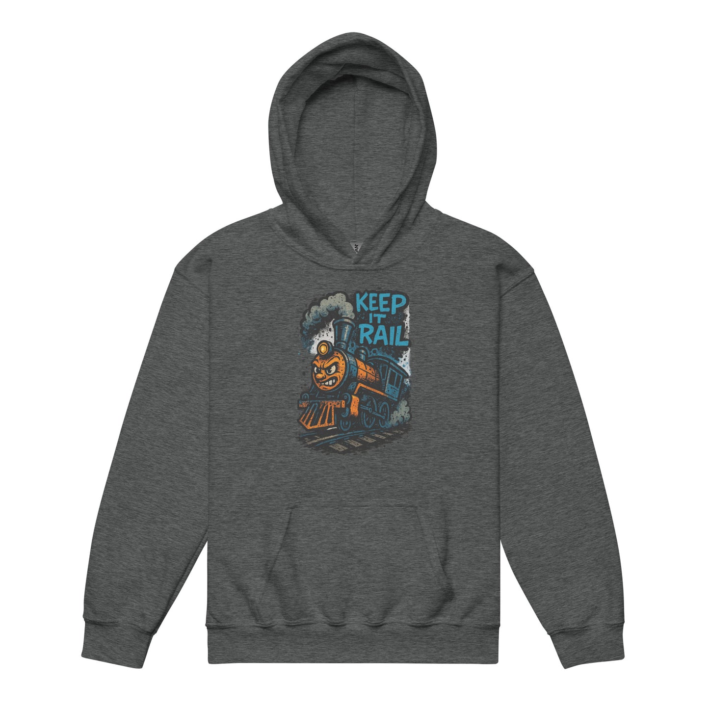 Gray hoodie with a train graphic and 'Keep on Rail' text on a white background