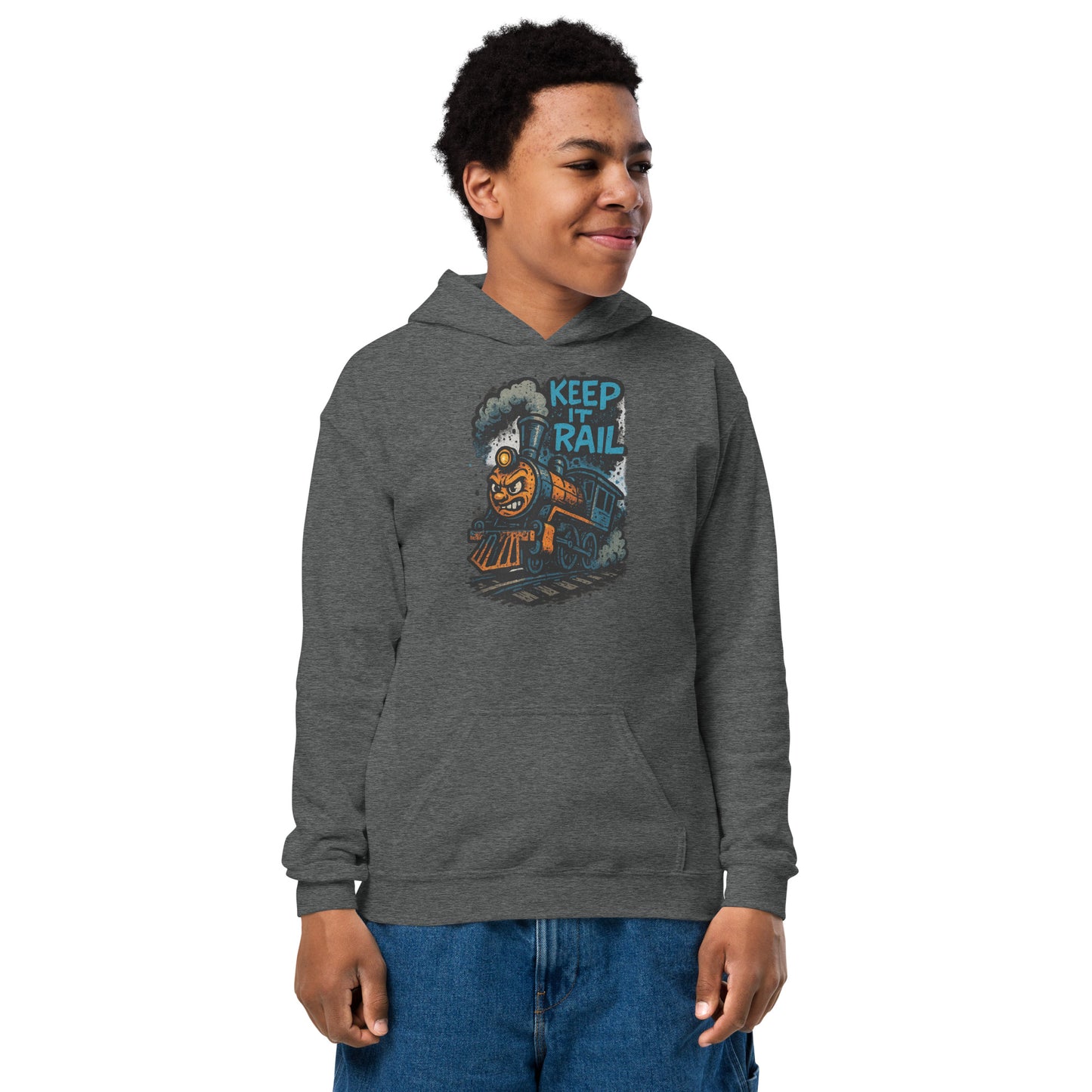 Person wearing a gray hoodie with a graphic design on a white background