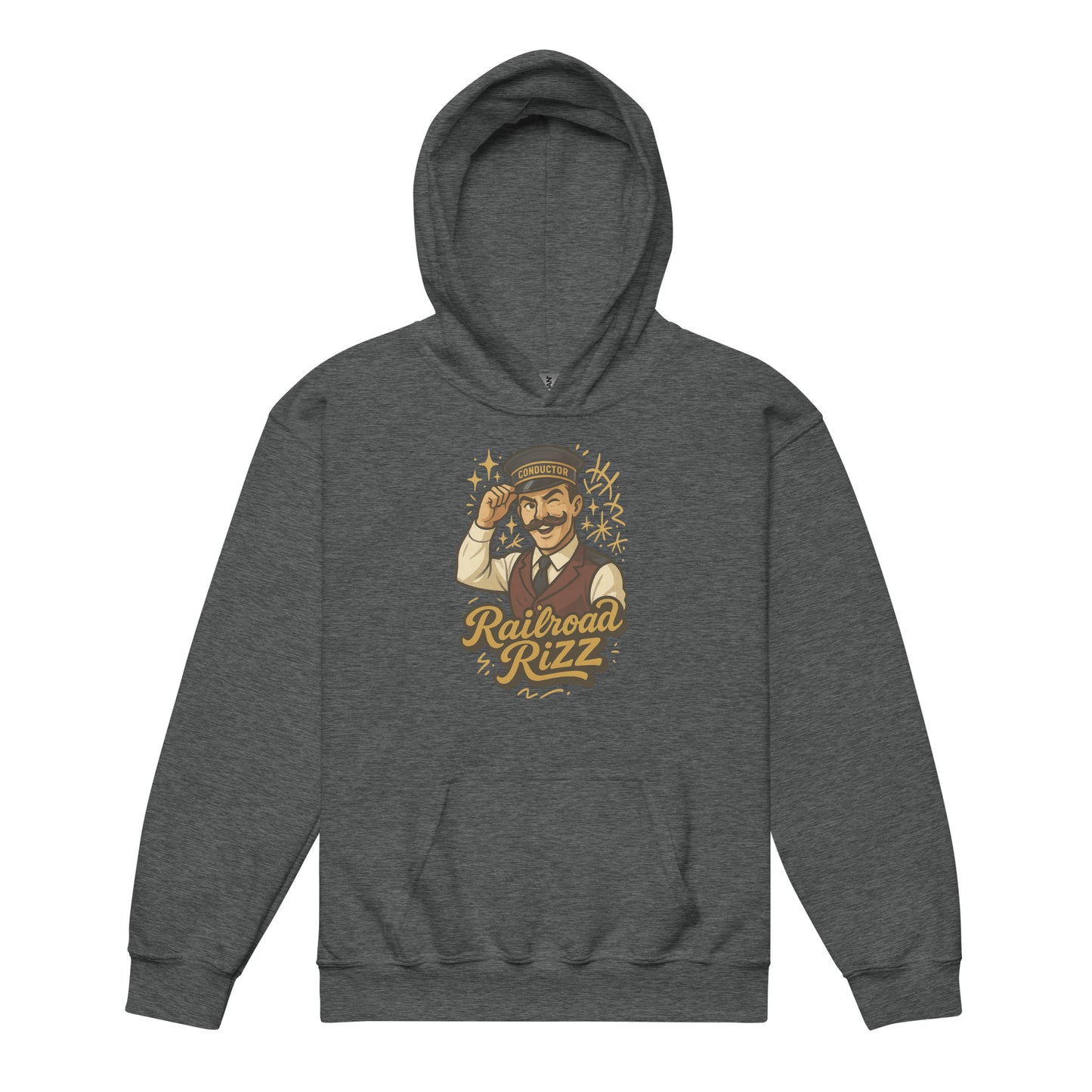 Gray hoodie with a graphic design on a white background
