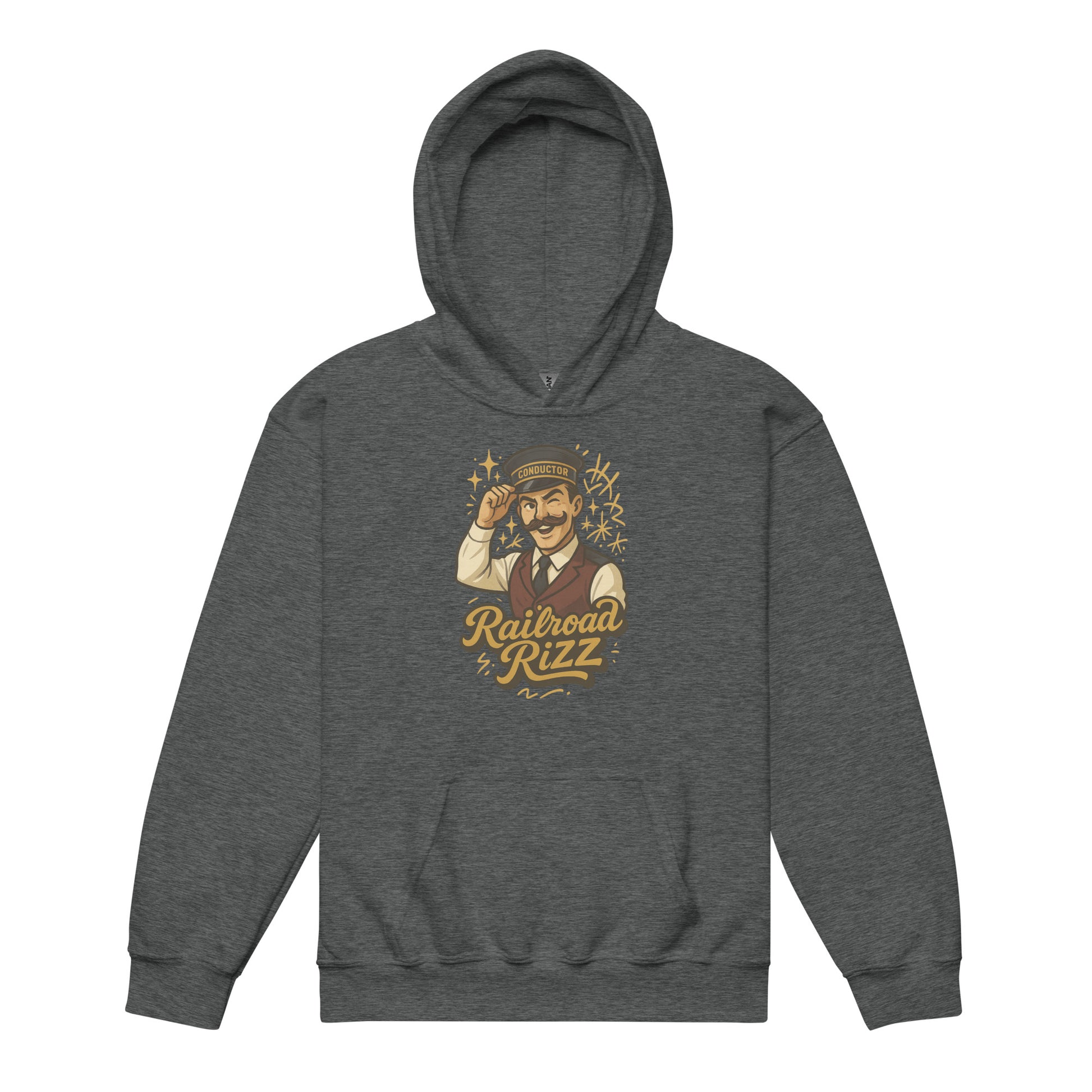 Gray hoodie with a graphic design on a white background