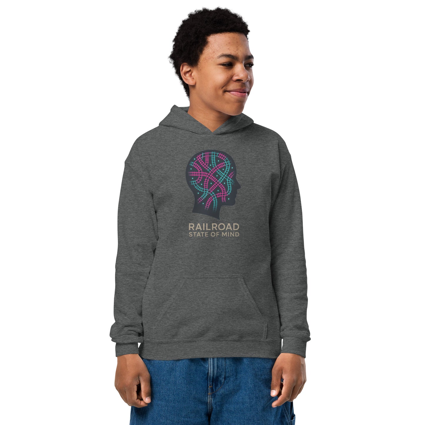 Person wearing a gray hoodie with a colorful graphic and text on a white background