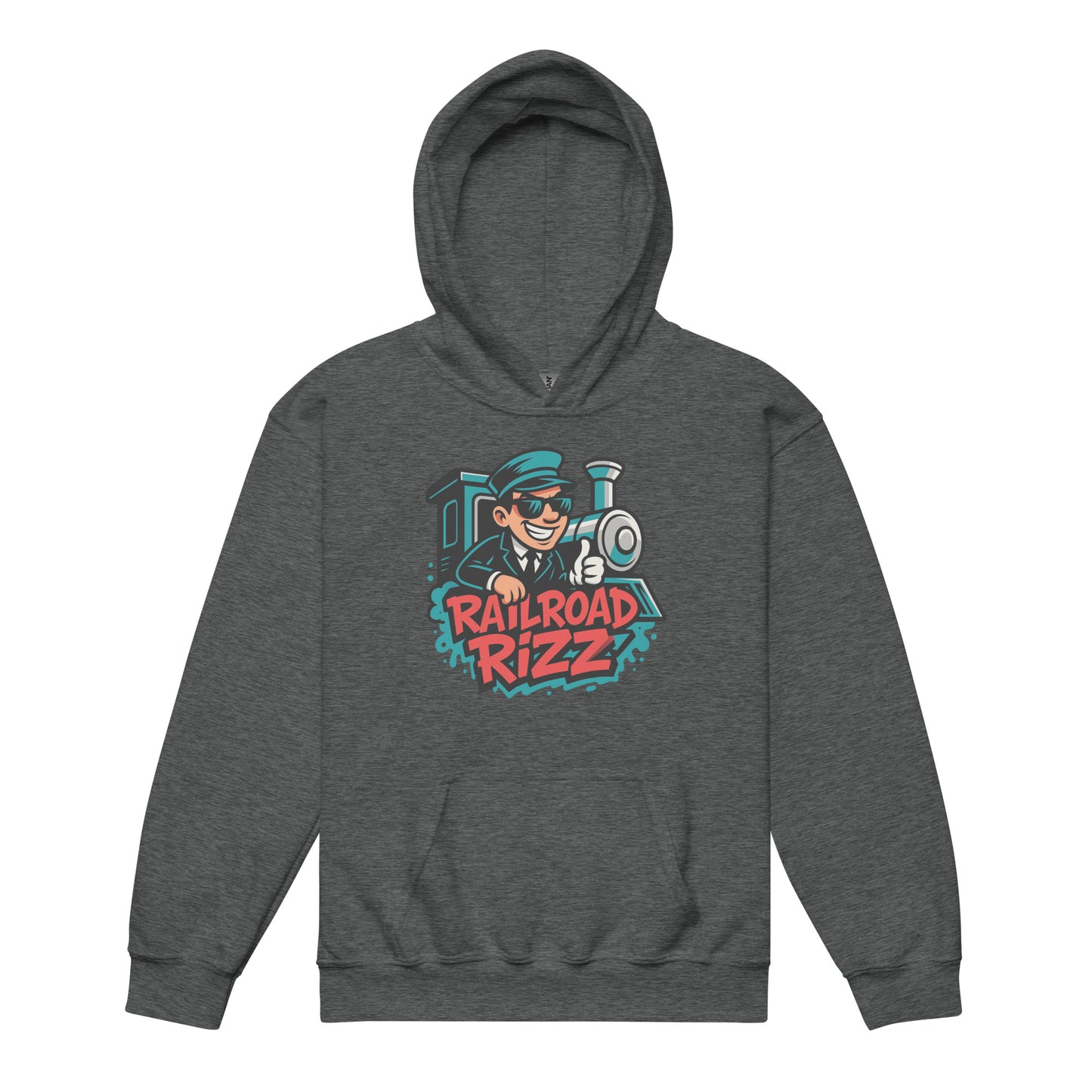 Gray hoodie with 'Railroad Rizz' graphic on a white background
