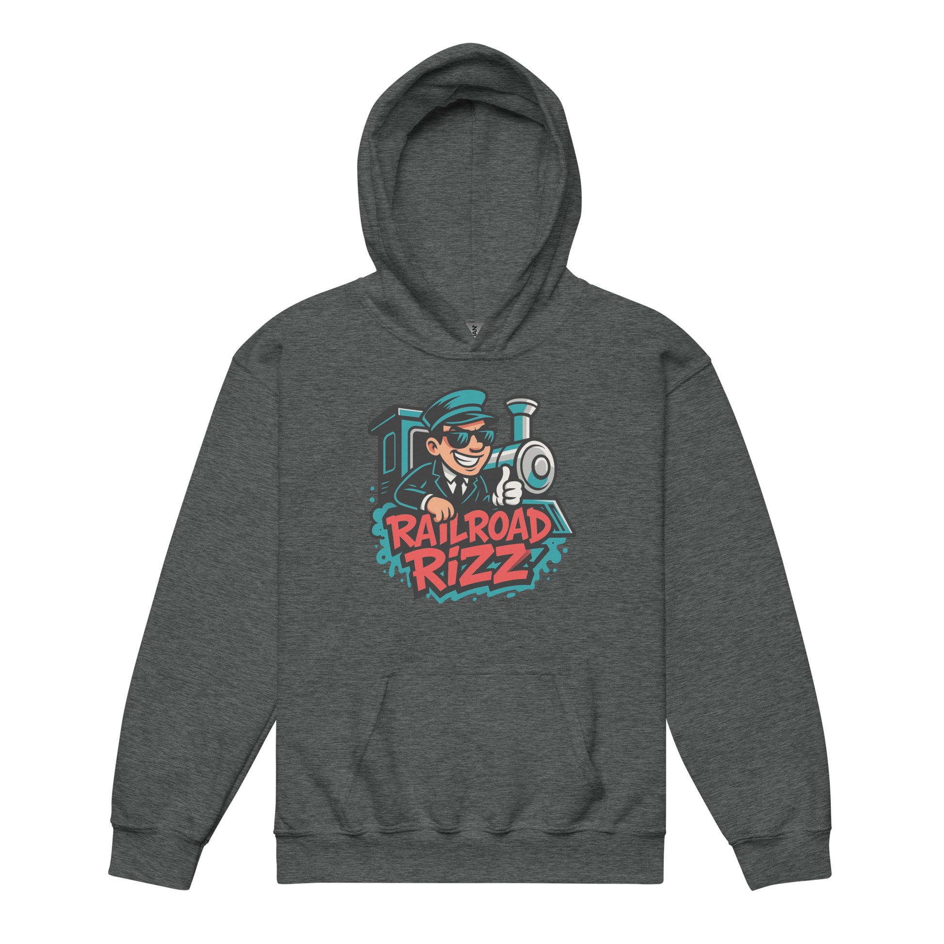 Gray hoodie with 'Railroad Rizz' graphic on a white background