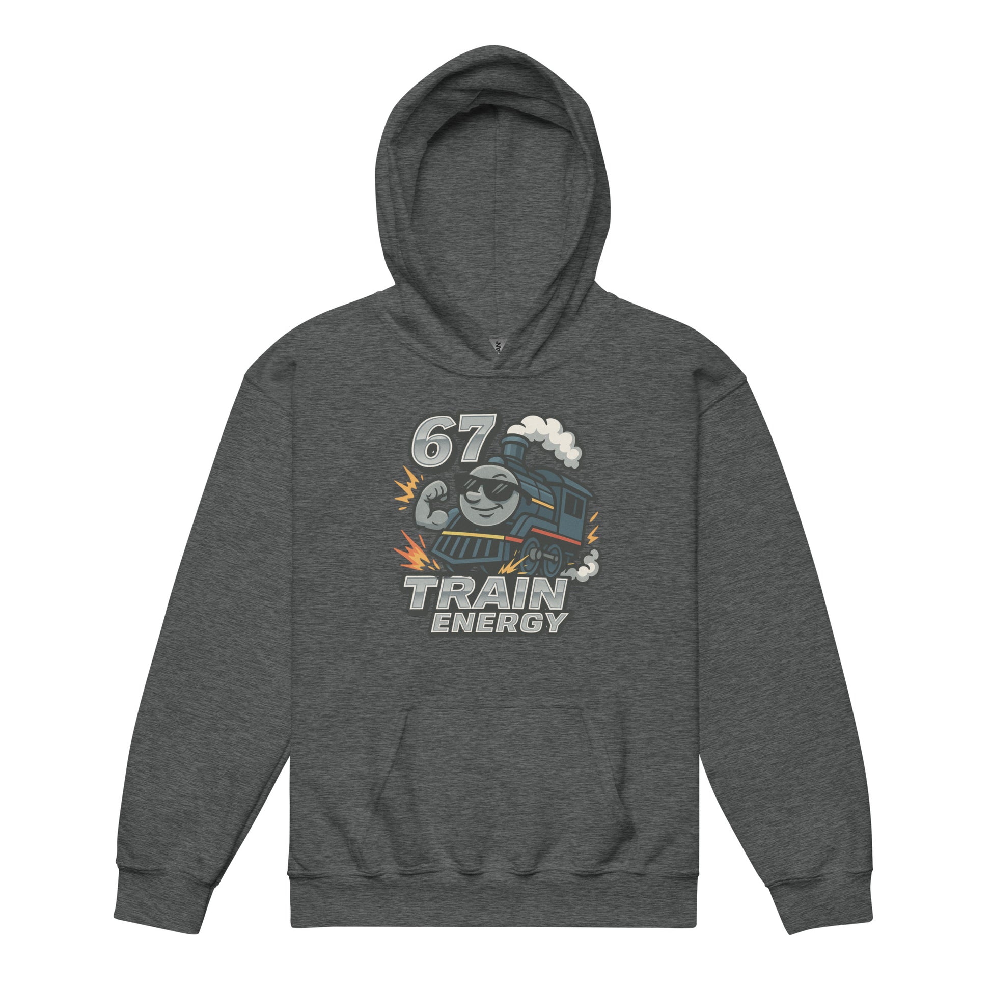 Gray hoodie with a train graphic and text on a white background