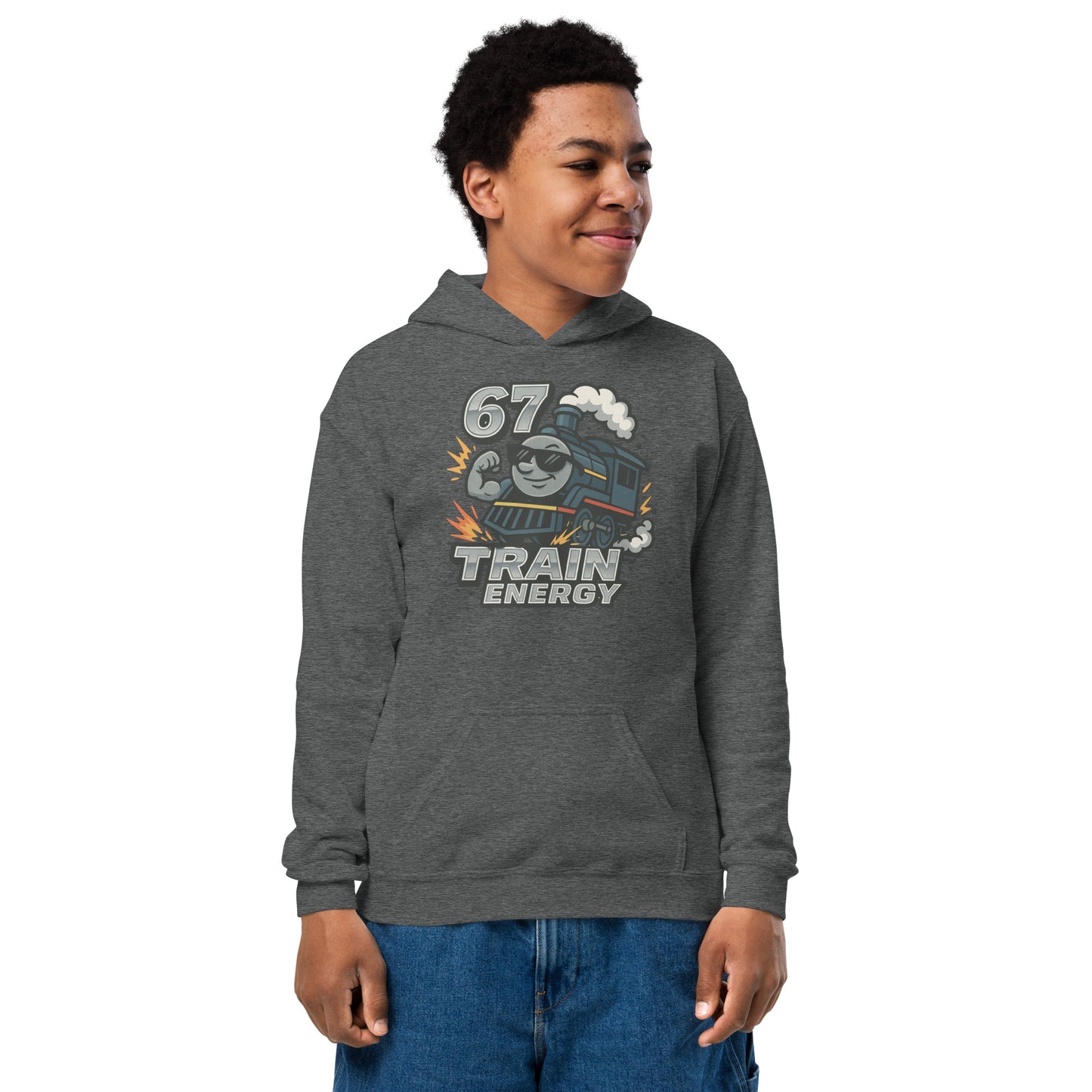 Person wearing a gray hoodie with a train graphic and text on a white background