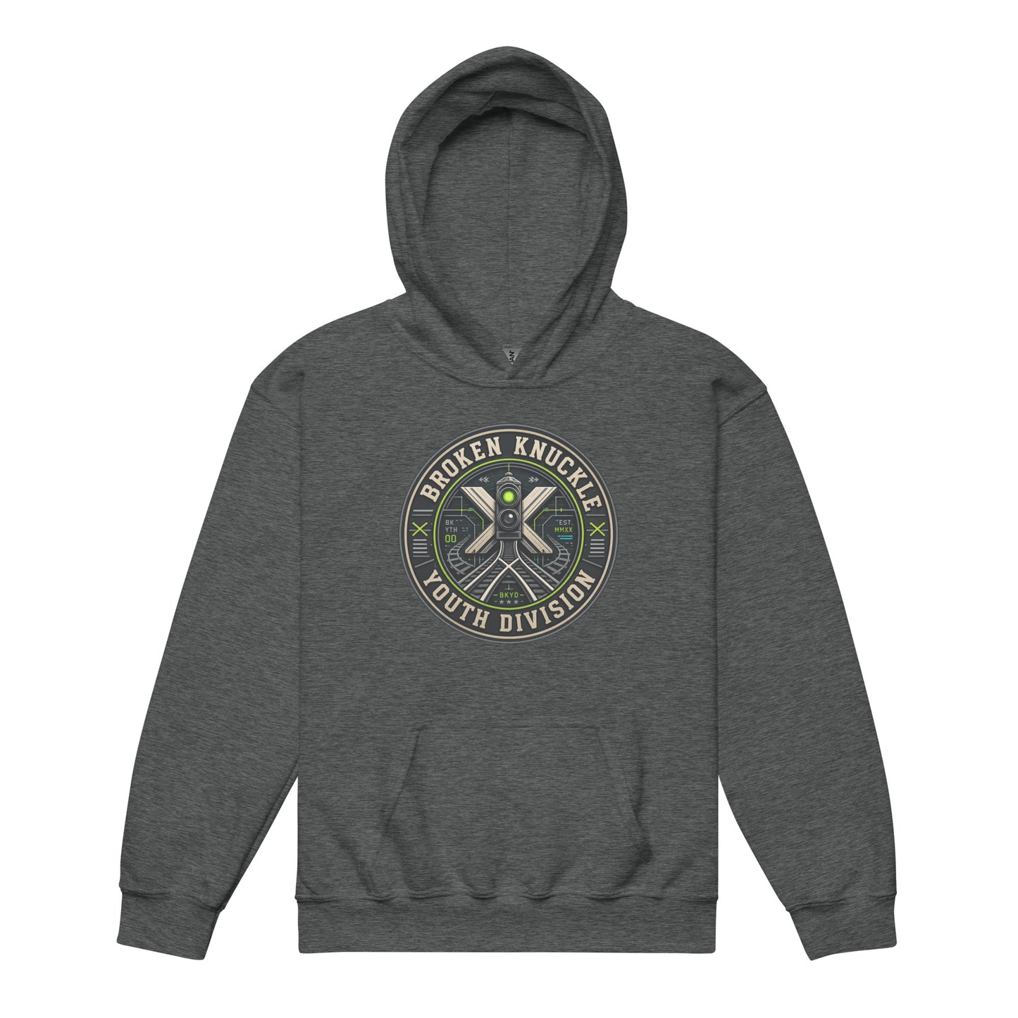 A gray pullover hoodie displayed on a plain white background, featuring a circular chest graphic with the text "Broken Knuckle Youth Division" wrapped around a technical design of a green railroad signal light, a crossing sign, and train tracks.