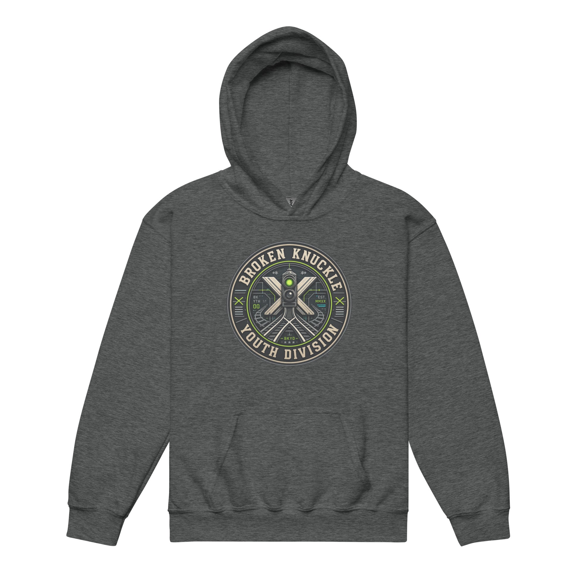 A gray pullover hoodie displayed on a plain white background, featuring a circular chest graphic with the text "Broken Knuckle Youth Division" wrapped around a technical design of a green railroad signal light, a crossing sign, and train tracks.