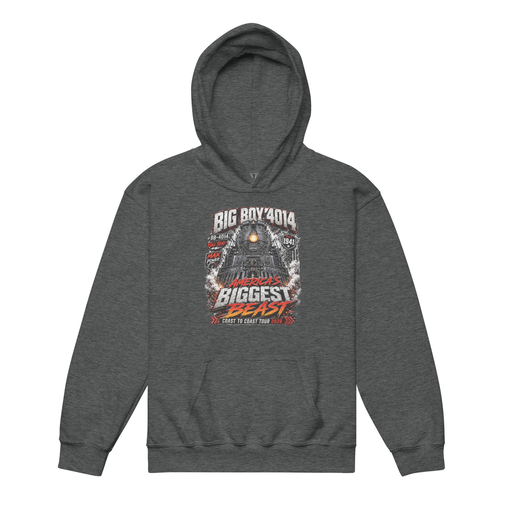 A gray pullover hoodie displayed on a plain white background, featuring a large chest graphic of a steam locomotive head-on with text that reads BIG BOY 4014, 1941, AMERICA'S BIGGEST BEAST, and COAST TO COAST TOUR 2026.