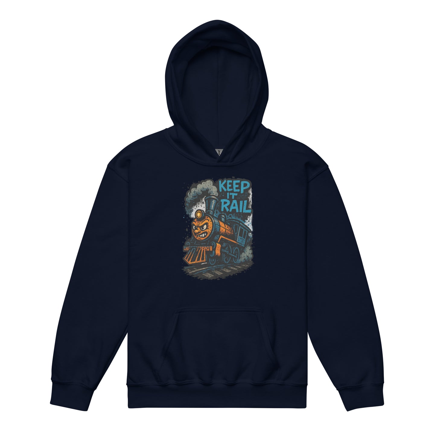 Navy blue hoodie with a train graphic and 'Keep It Rail' text on a white background