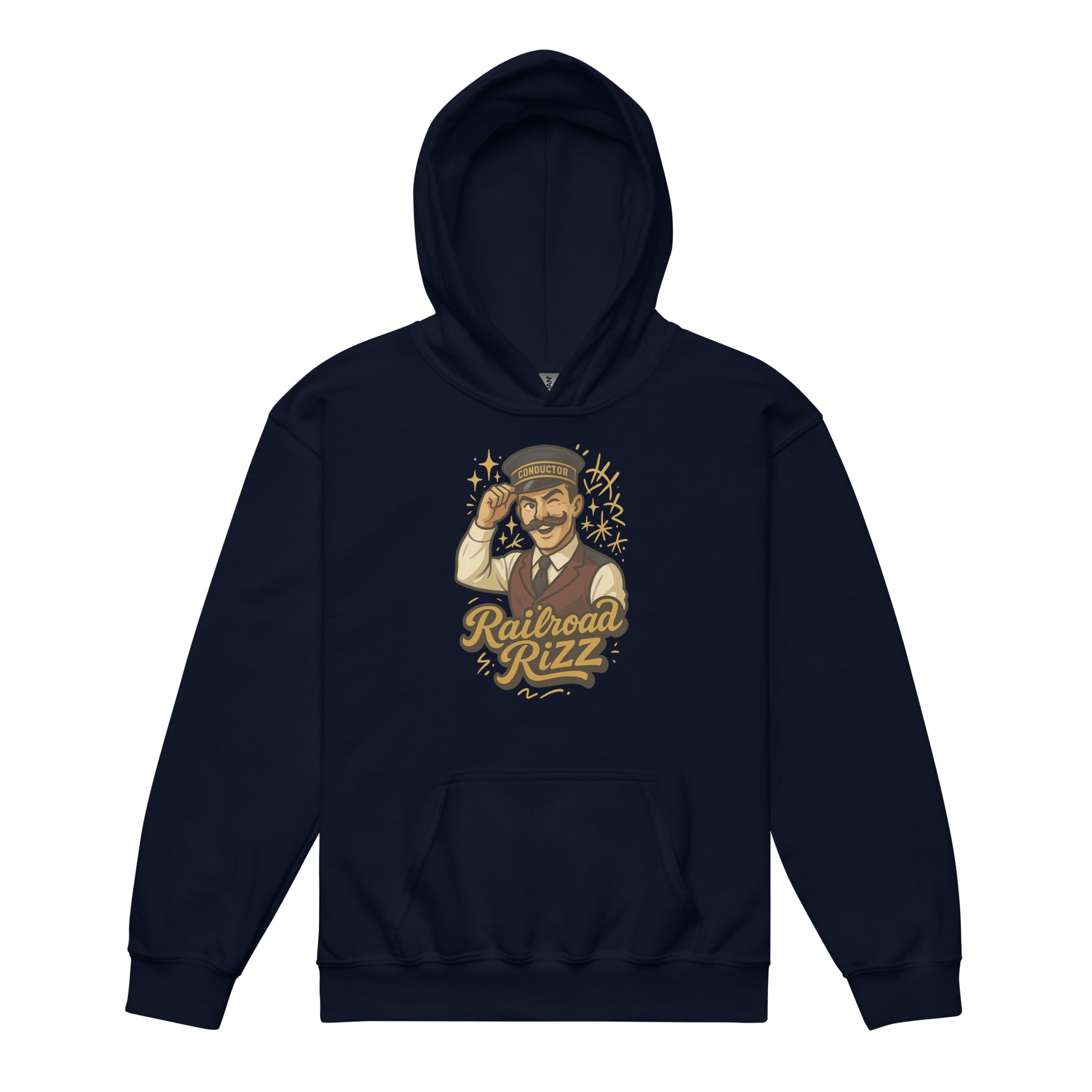 Navy blue hoodie with graphic design and text on a white background