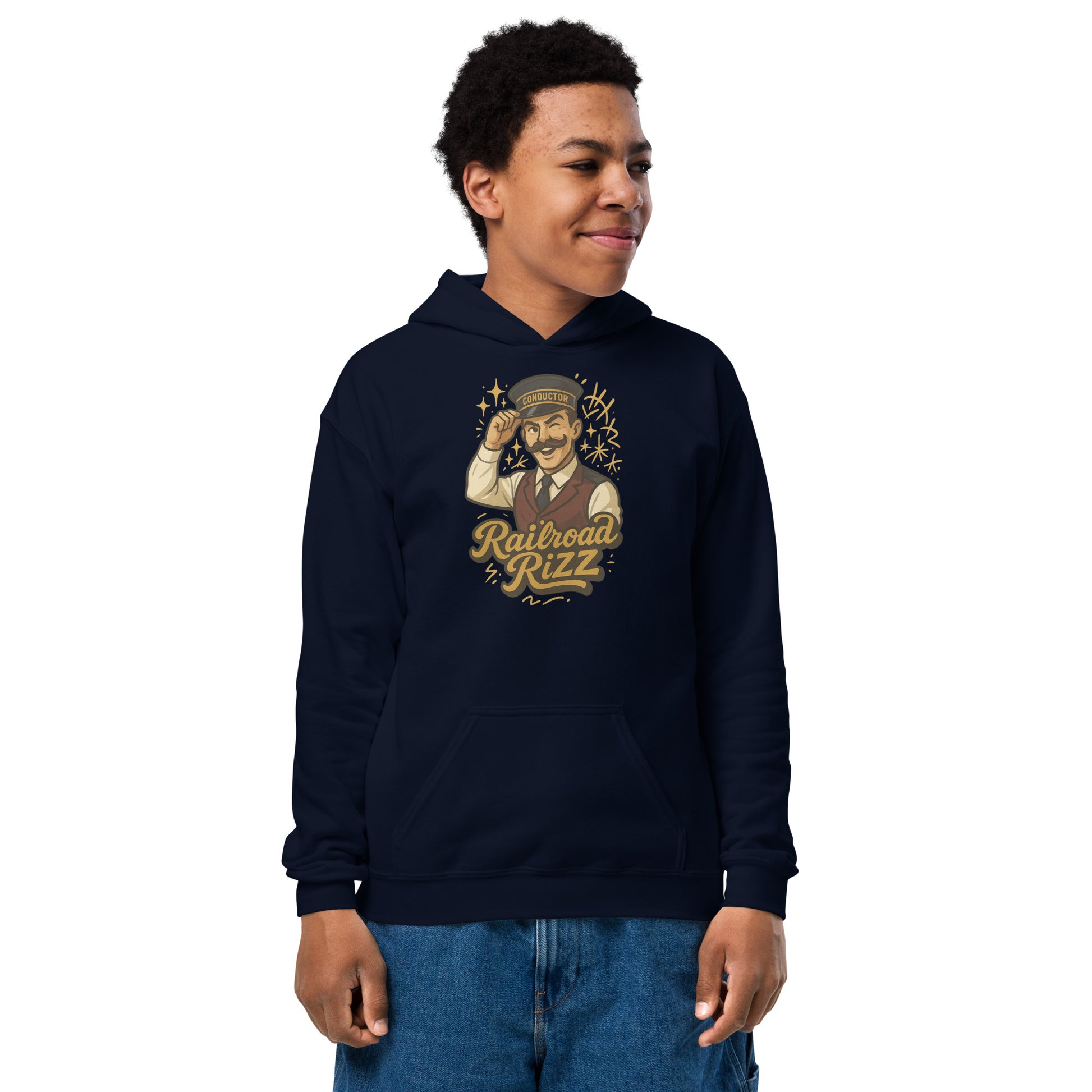 Person wearing a navy hoodie with a graphic design on a white background