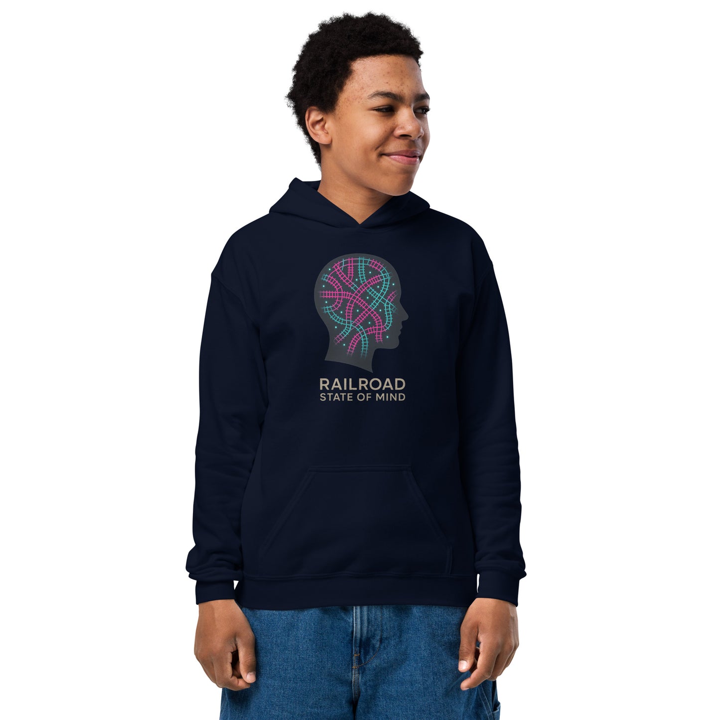 Person wearing a navy hoodie with a colorful graphic and text on a white background