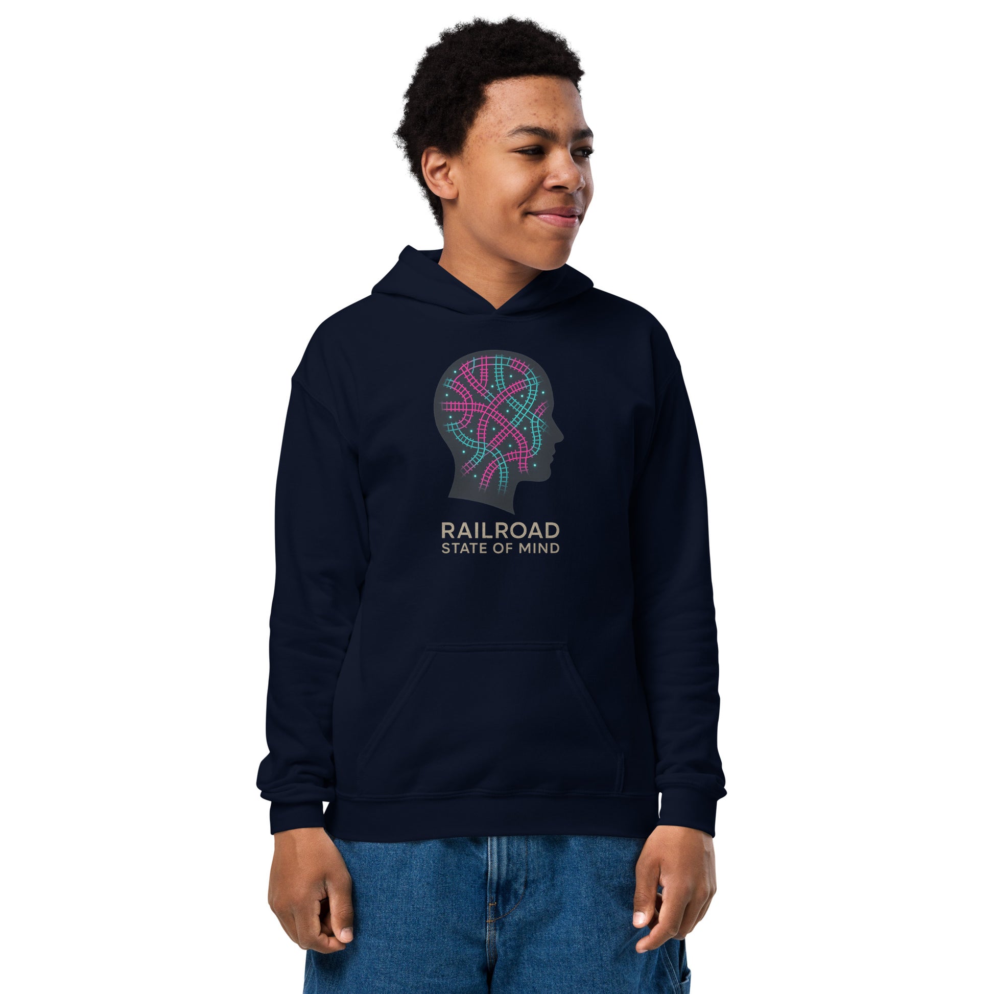 Person wearing a navy hoodie with a colorful graphic and text on a white background