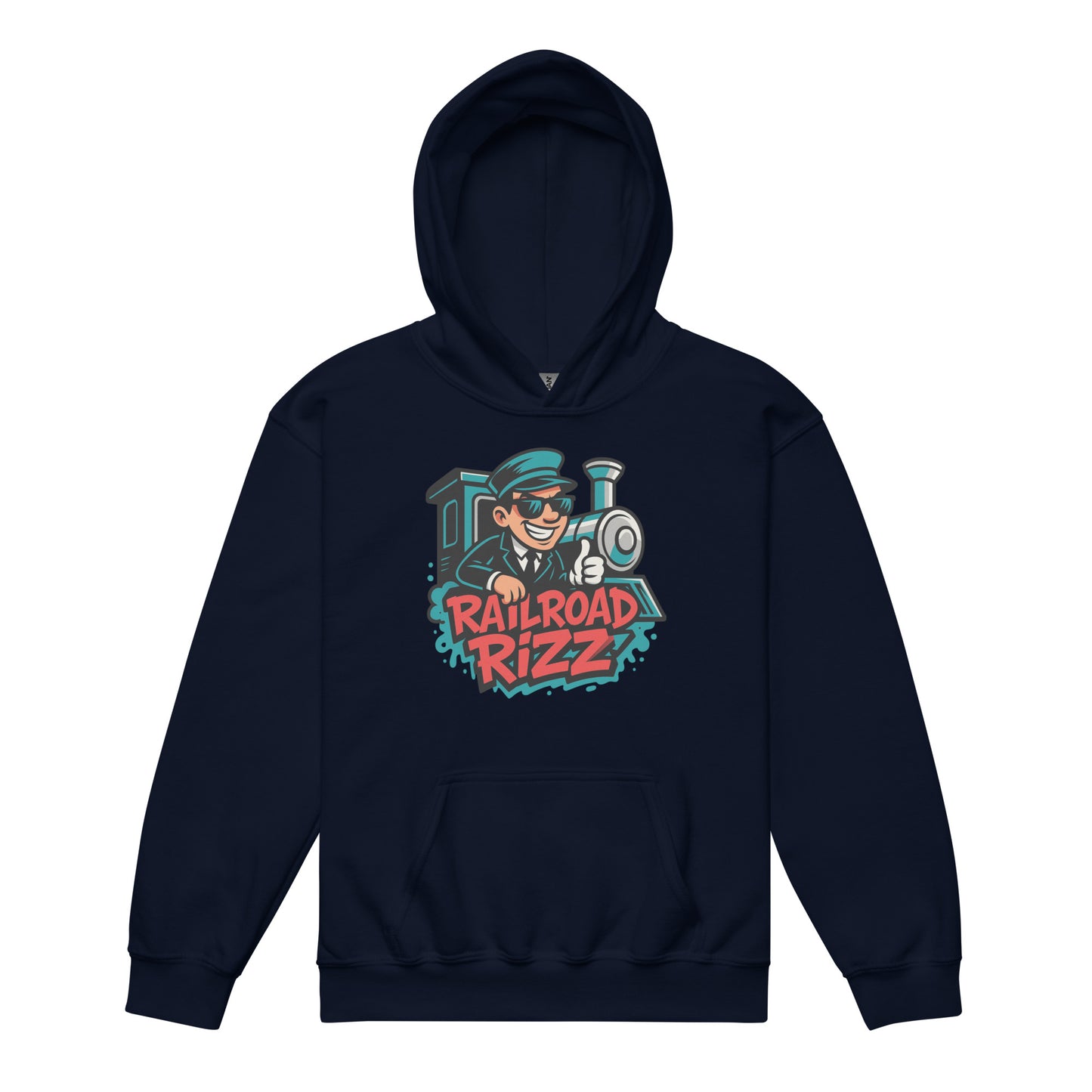 Navy blue hoodie with 'Railroad Rizz' graphic on a white background
