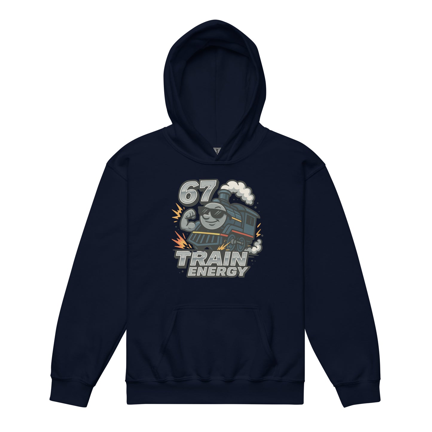 Navy blue hoodie with train graphic and text on a white background