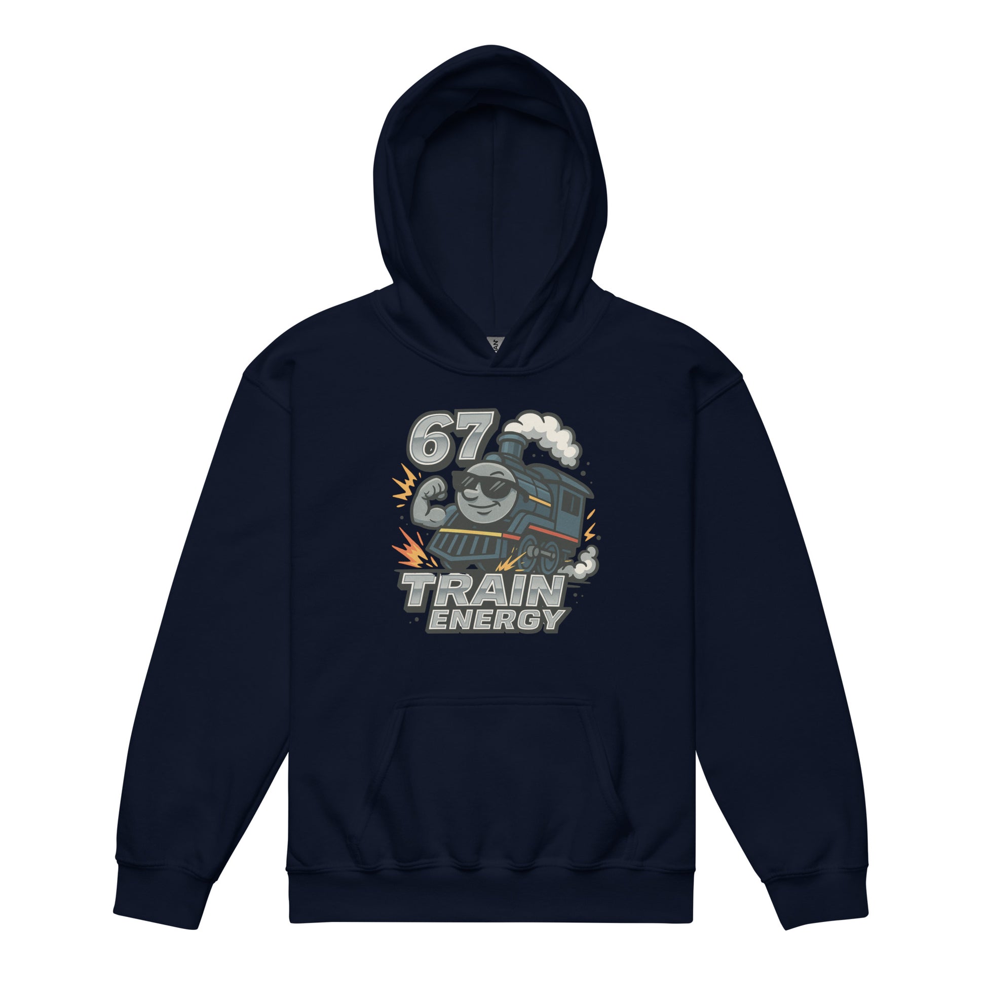 Navy blue hoodie with train graphic and text on a white background