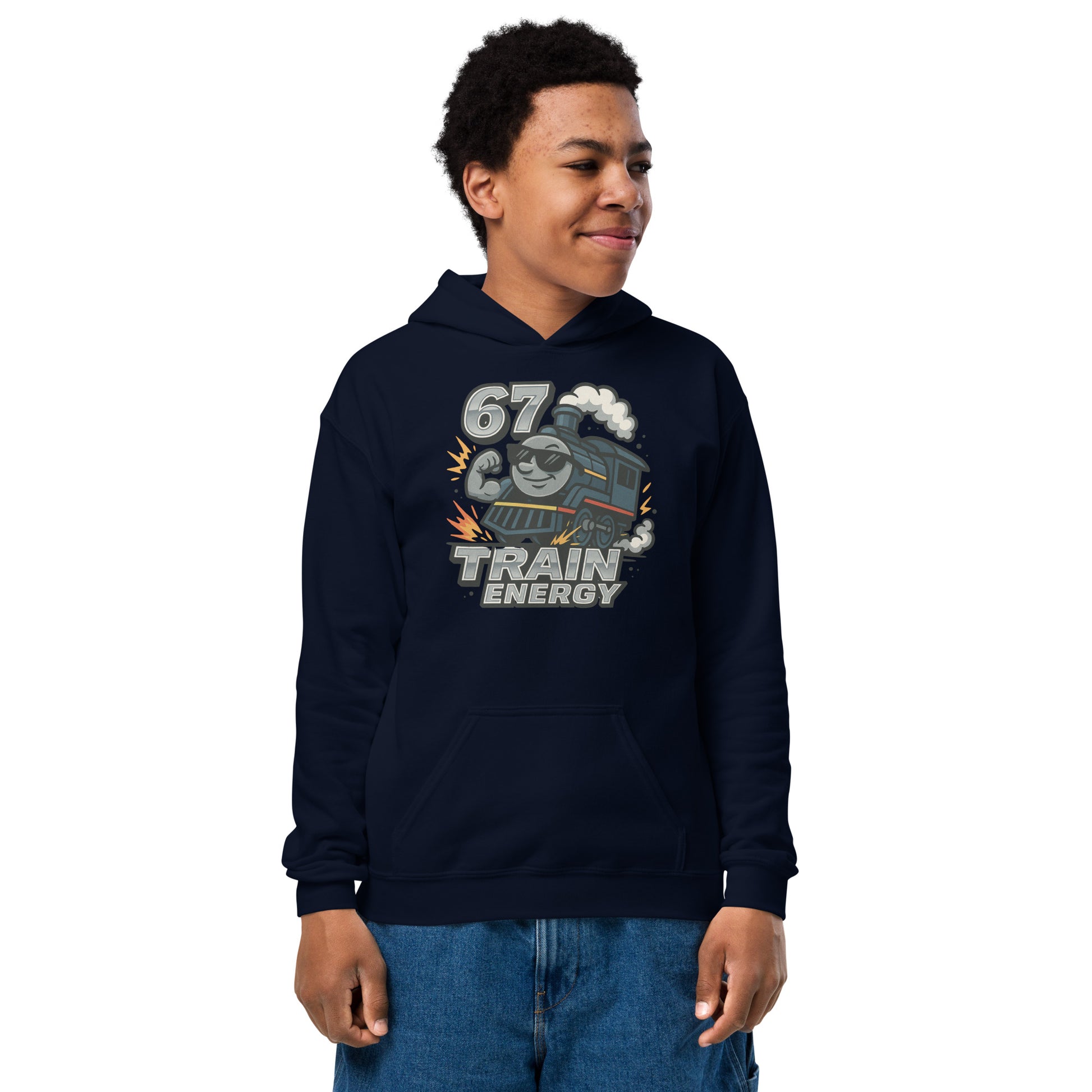 Person wearing a navy hoodie with a train graphic and text on a white background