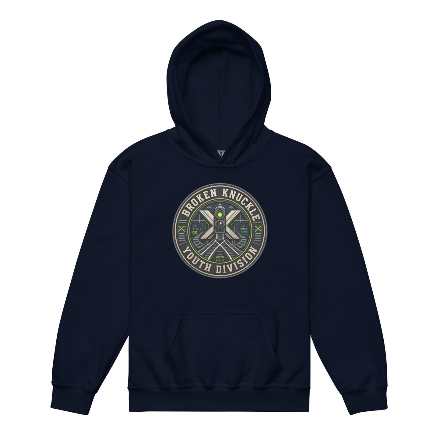 A navy pullover hoodie displayed on a plain white background, featuring a circular chest graphic with the text "Broken Knuckle Youth Division" wrapped around a technical design of a green railroad signal light, a crossing sign, and train tracks.