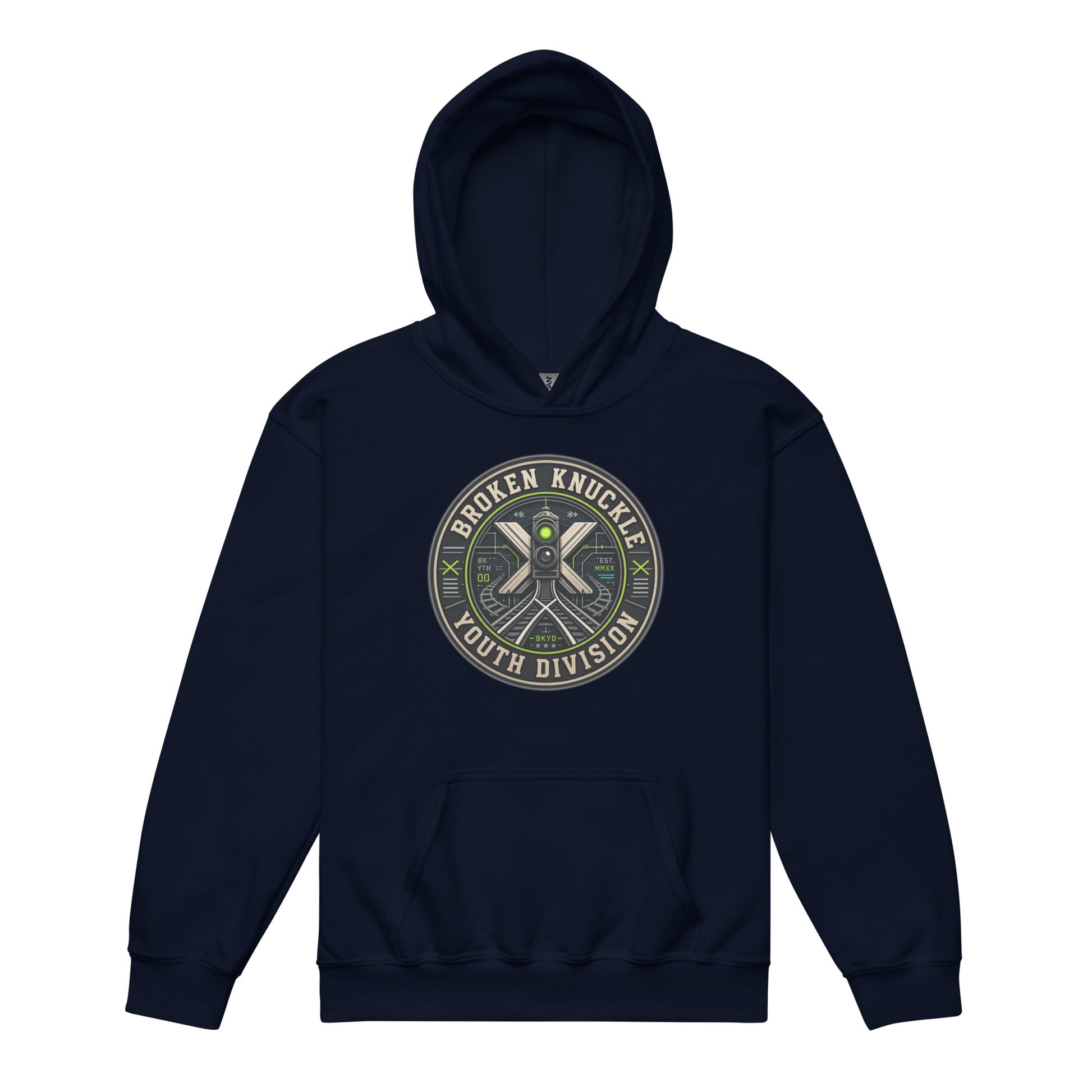 A navy pullover hoodie displayed on a plain white background, featuring a circular chest graphic with the text "Broken Knuckle Youth Division" wrapped around a technical design of a green railroad signal light, a crossing sign, and train tracks.