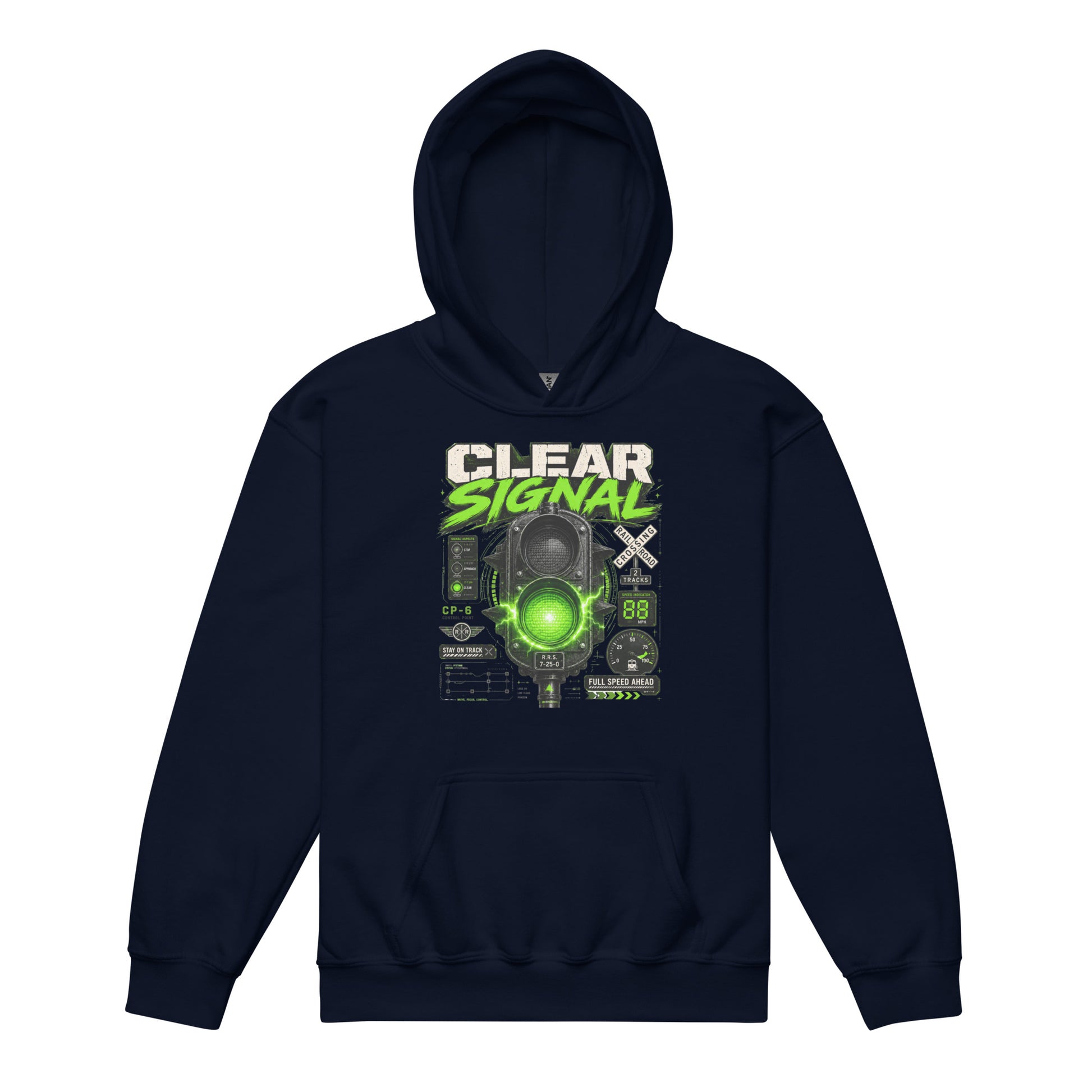 a navy pullover hoodie featuring a bold graphic with the words CLEAR SIGNAL in white and neon green above an electrified green train signal, railroad crossing signs, and technical dials.