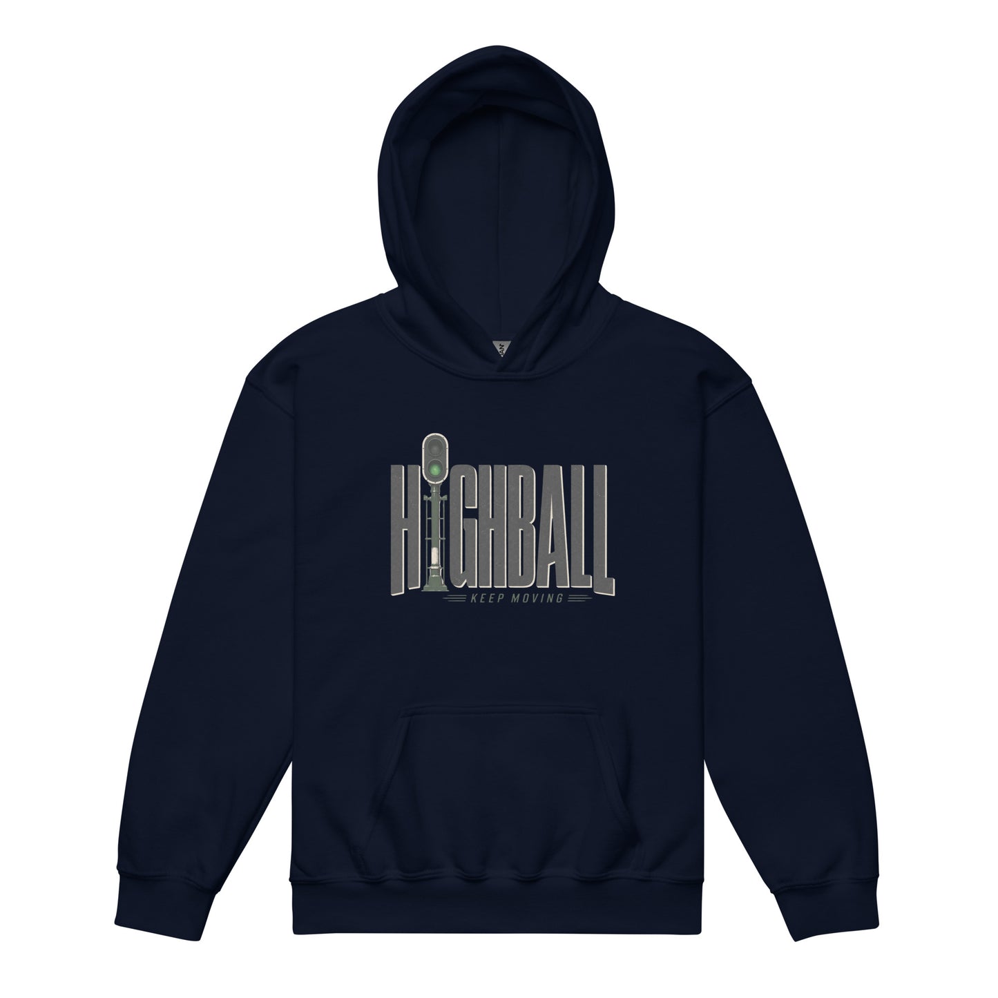 A navy pullover hoodie displayed on a plain white background, featuring a chest graphic with the word HIGHBALL in tall grey letters, where the letter I is a green railroad signal, sitting above the text KEEP MOVING.