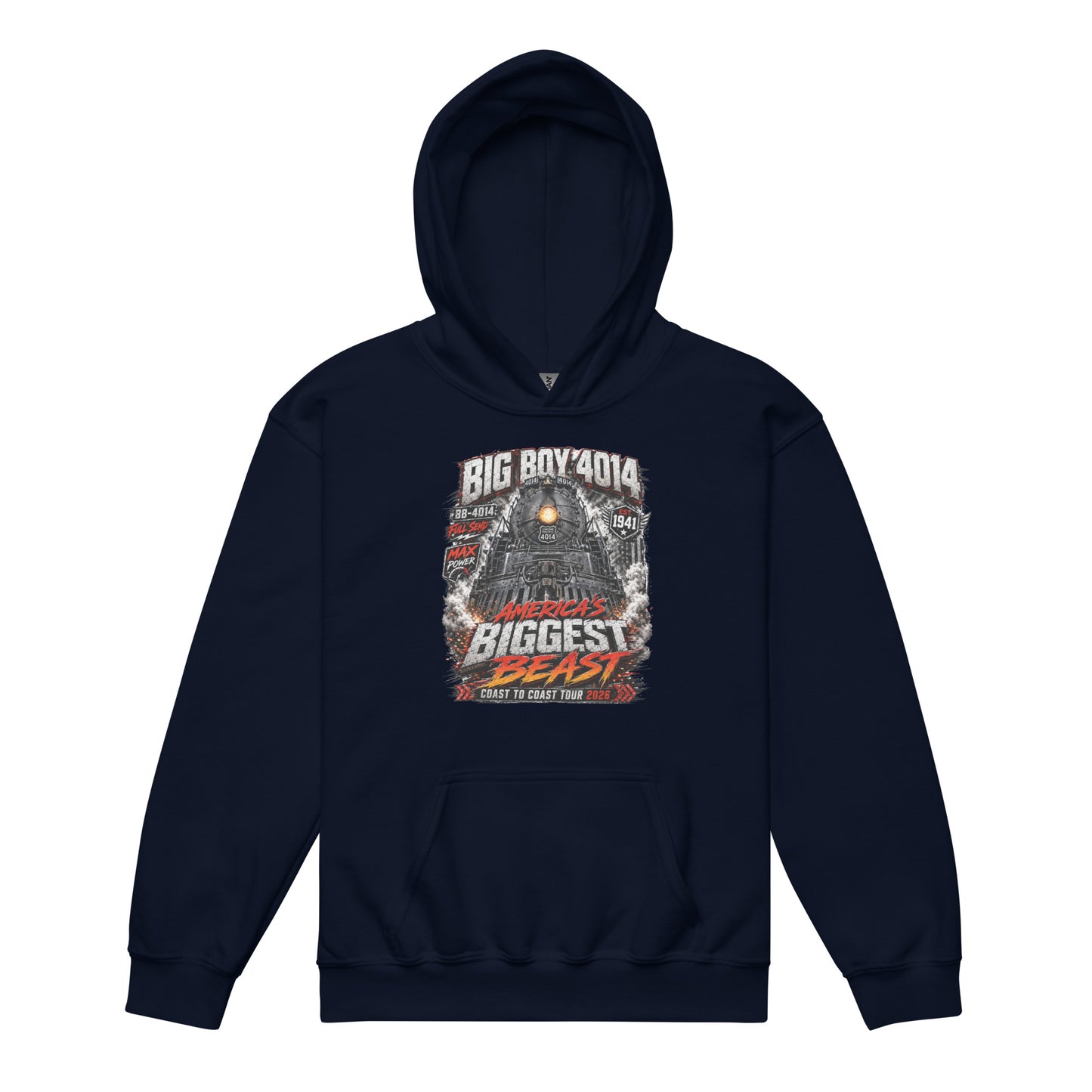 A navy pullover hoodie displayed on a plain white background, featuring a large chest graphic of a steam locomotive head-on with text that reads BIG BOY 4014, 1941, AMERICA'S BIGGEST BEAST, and COAST TO COAST TOUR 2026.
