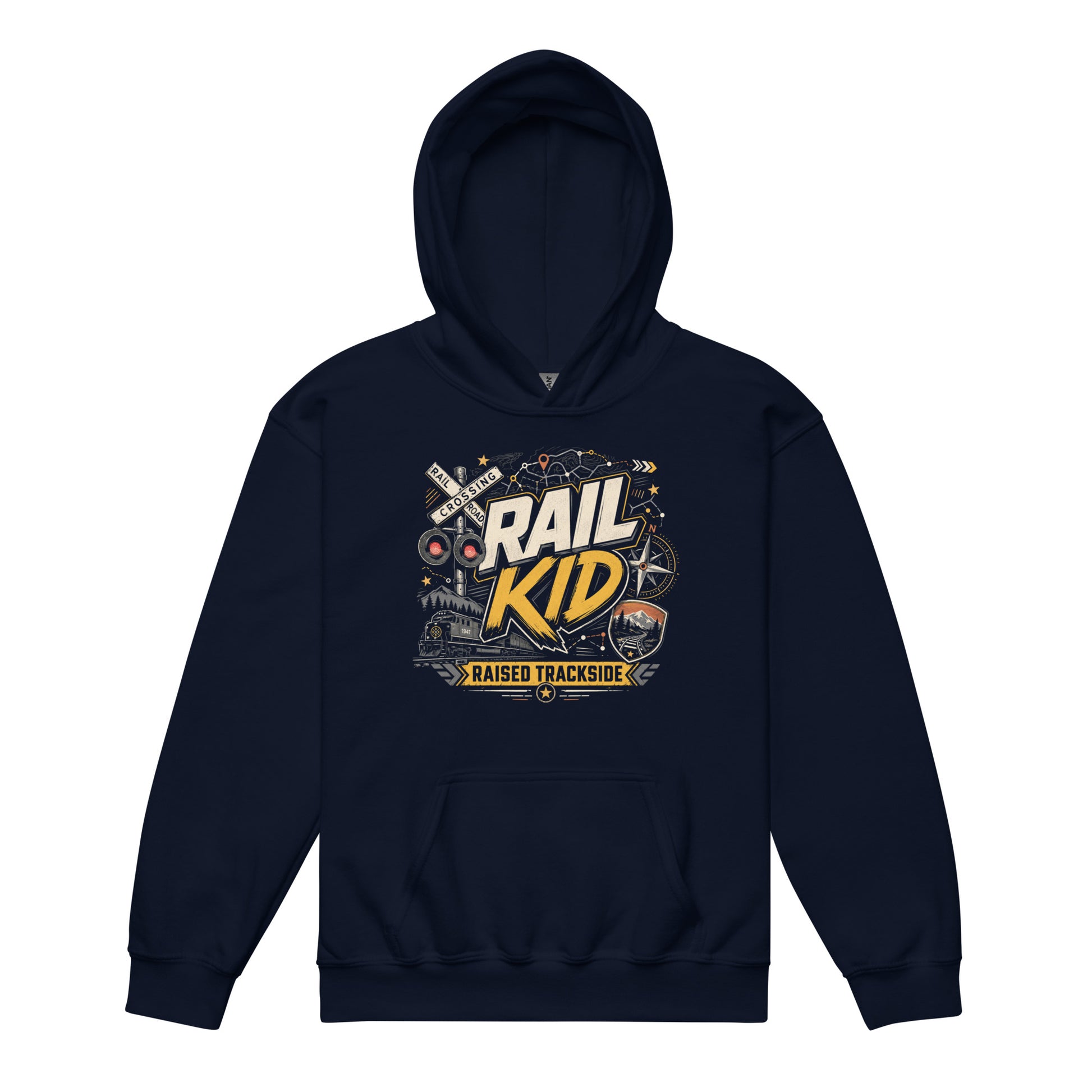 Navy pullover hoodie featuring an adventure-style graphic with the text RAIL KID and RAISED TRACKSIDE, surrounded by illustrations of a railroad crossing sign, a train in the mountains, map lines, and a compass.