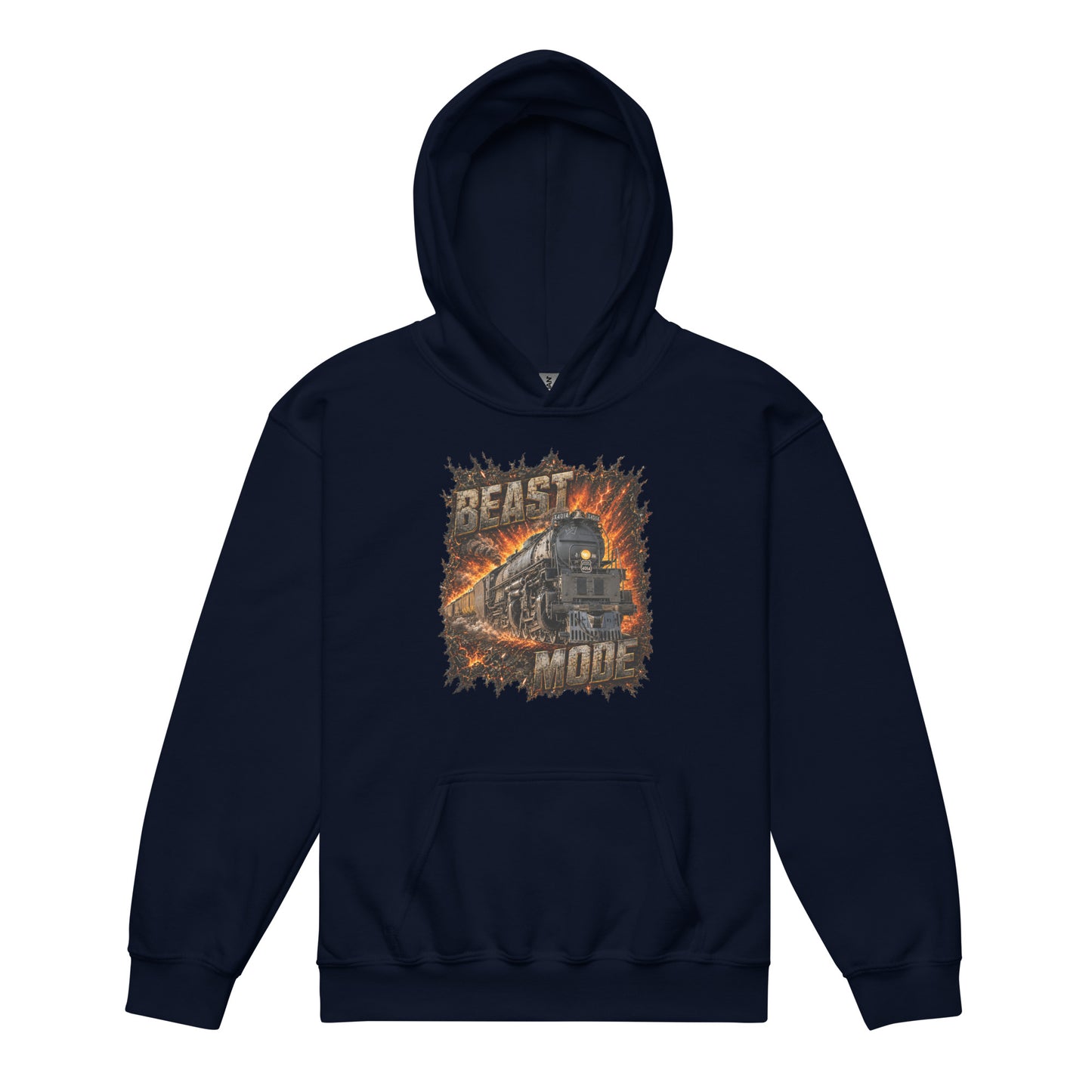 Navy pullover hoodie featuring an explosive, fiery graphic of a steam locomotive charging forward, framed by the text BEAST at the top and MODE at the bottom in rugged, stone-textured letters.