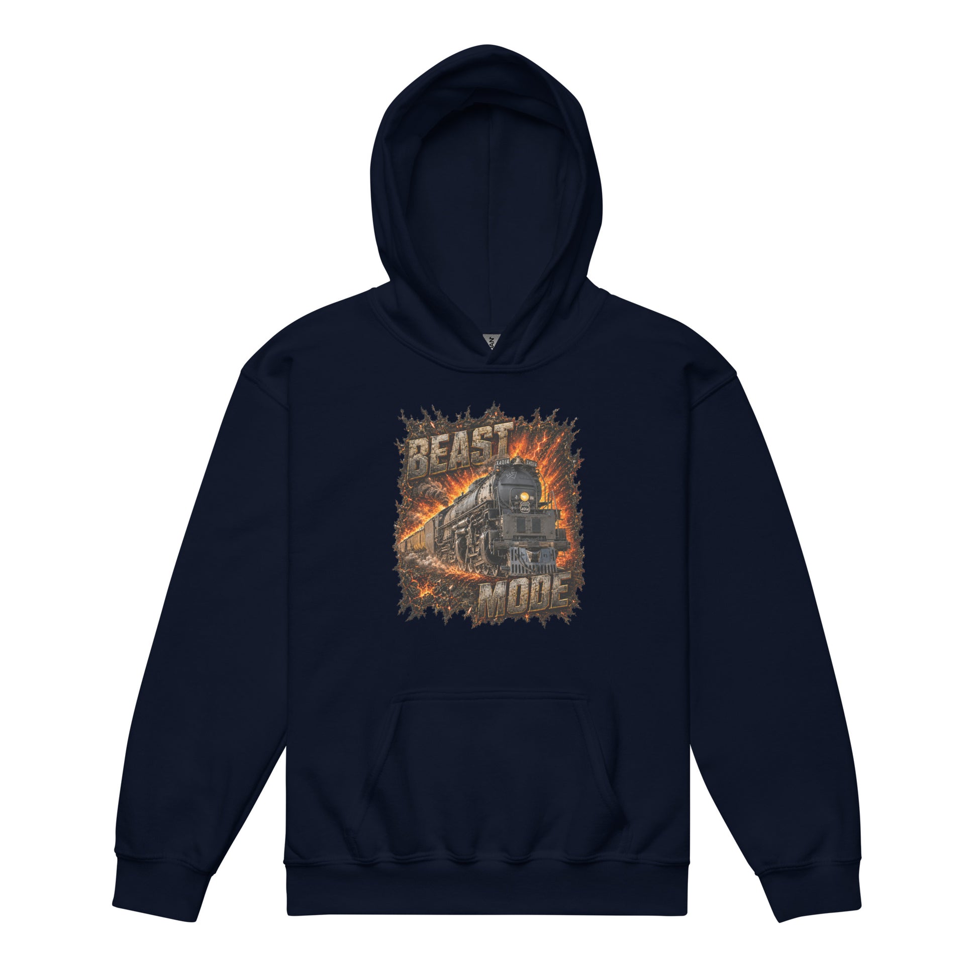Navy pullover hoodie featuring an explosive, fiery graphic of a steam locomotive charging forward, framed by the text BEAST at the top and MODE at the bottom in rugged, stone-textured letters.