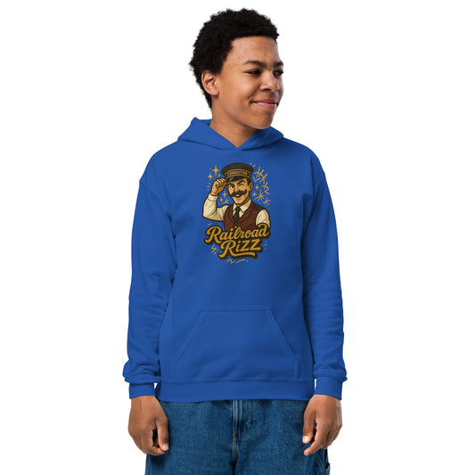 Person wearing a blue hoodie with 'Railroad Rizz' graphic design on a white background