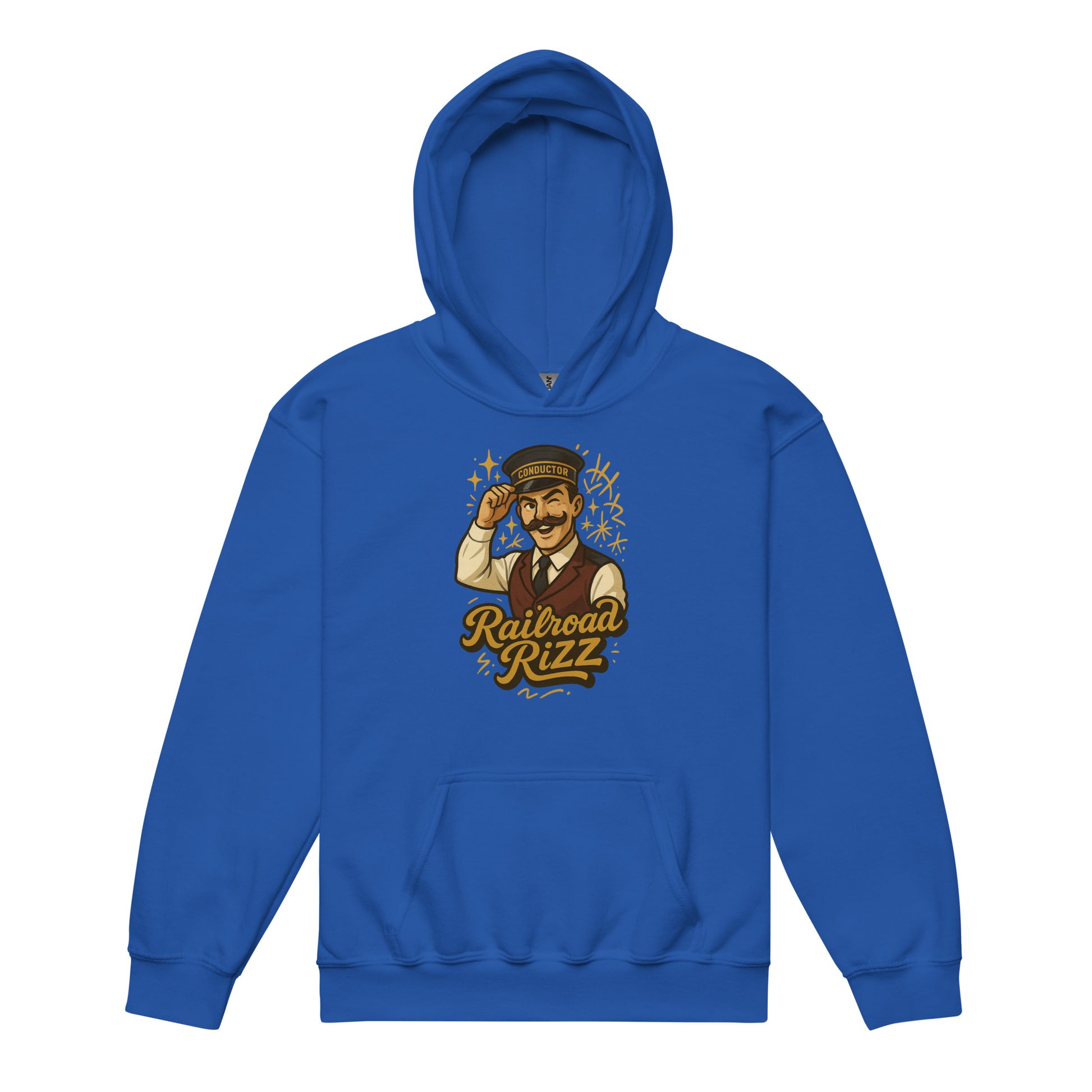 Blue hoodie with a graphic design on a white background