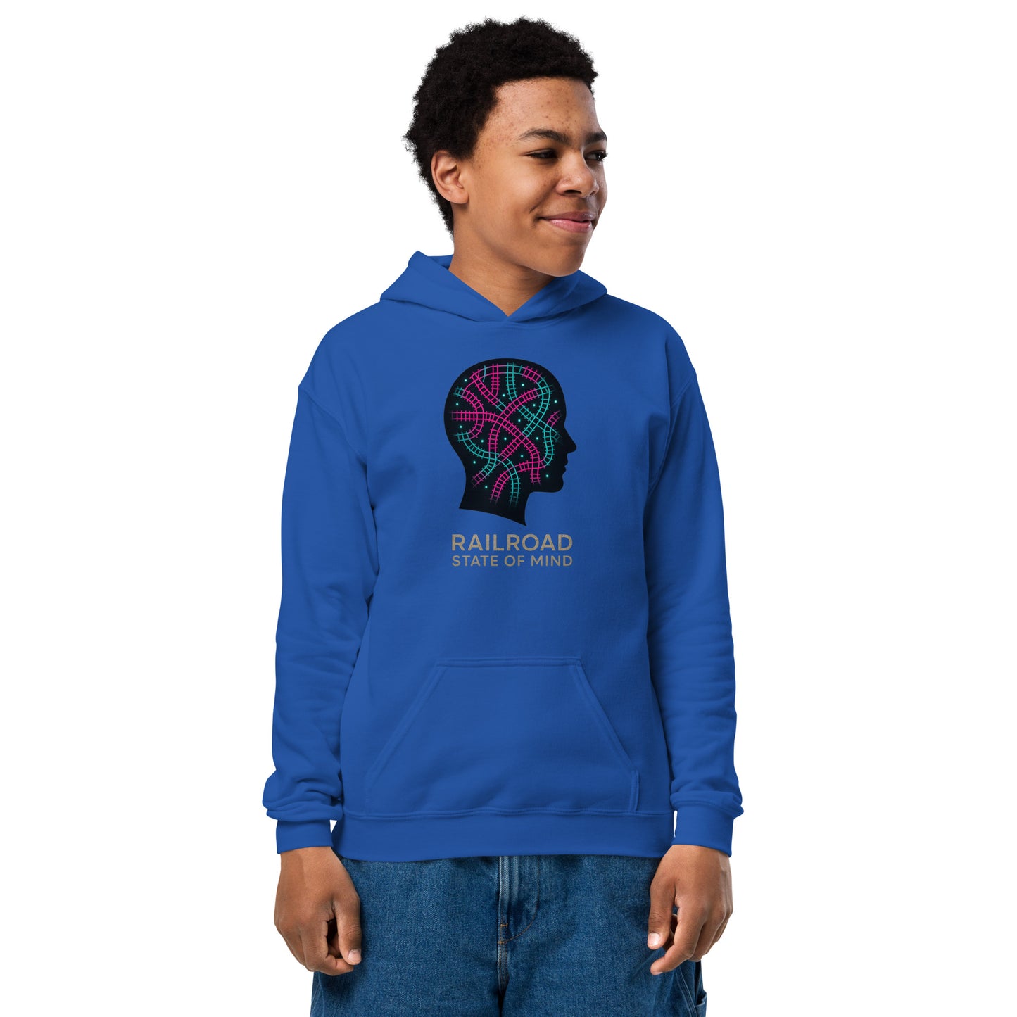 Person wearing a blue hoodie with a colorful graphic and text on a white background