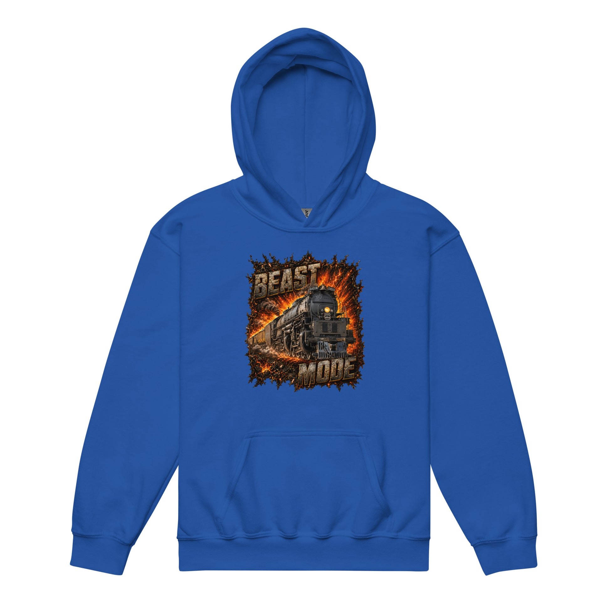 blue pullover hoodie featuring an explosive, fiery graphic of a steam locomotive charging forward, framed by the text BEAST at the top and MODE at the bottom in rugged, stone-textured letters.