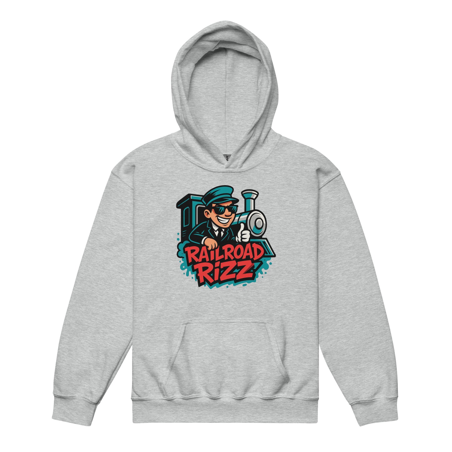 Gray hoodie with 'Railroad Rizz' graphic on a white background