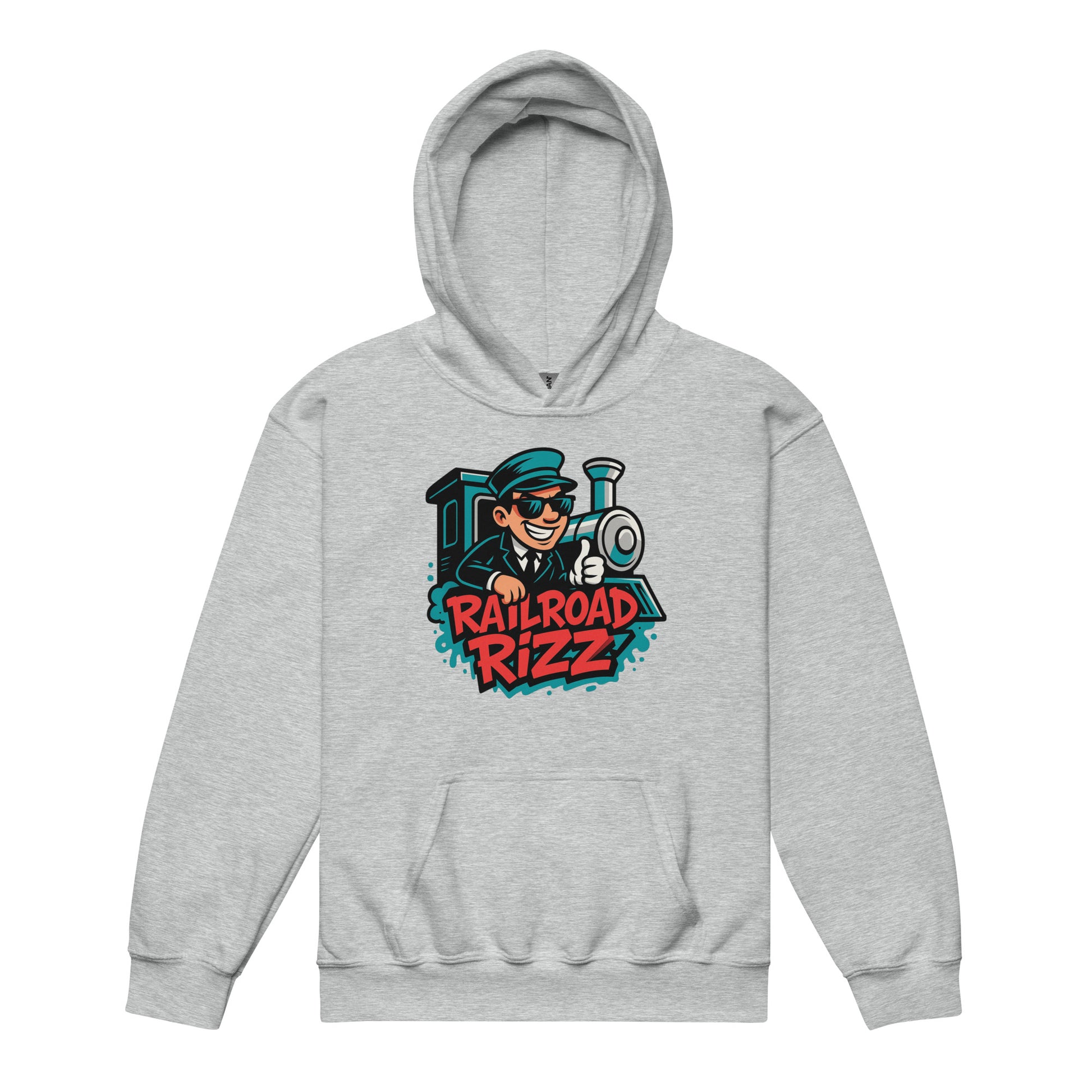 Gray hoodie with 'Railroad Rizz' graphic on a white background