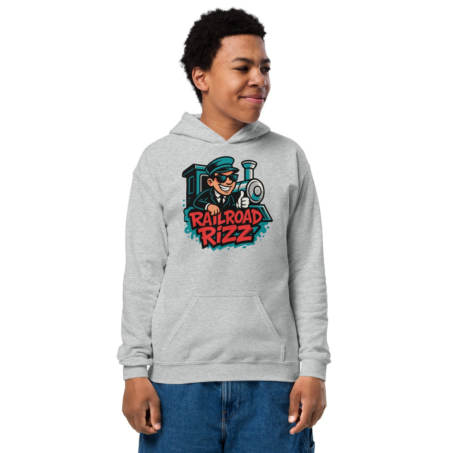 Person wearing a gray hoodie with 'Railroad Rizz' design on a white background