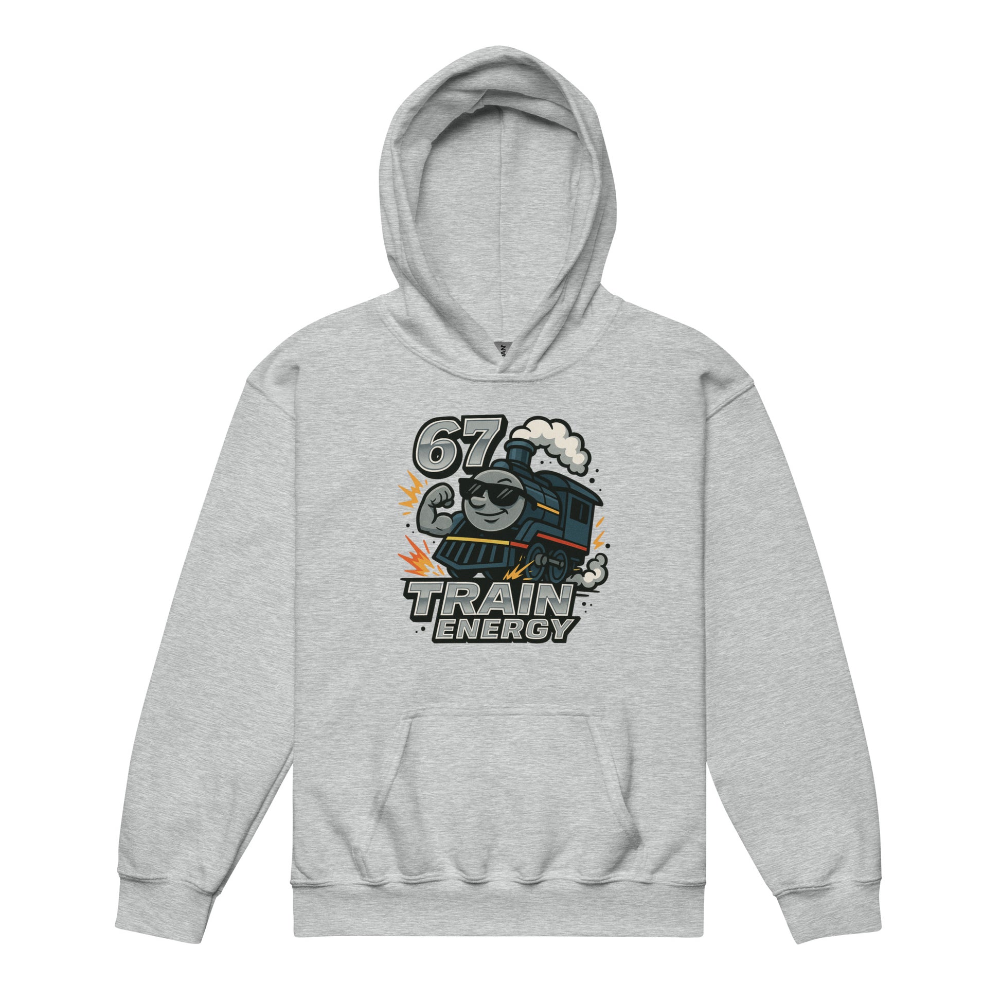 Gray hoodie with a train graphic and text on a white background