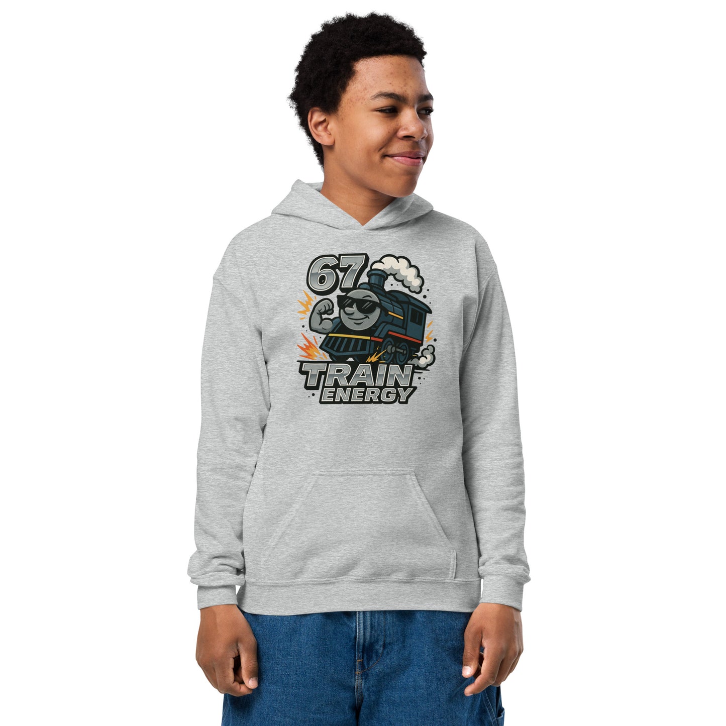 Person wearing a gray hoodie with a train design and text on a white background