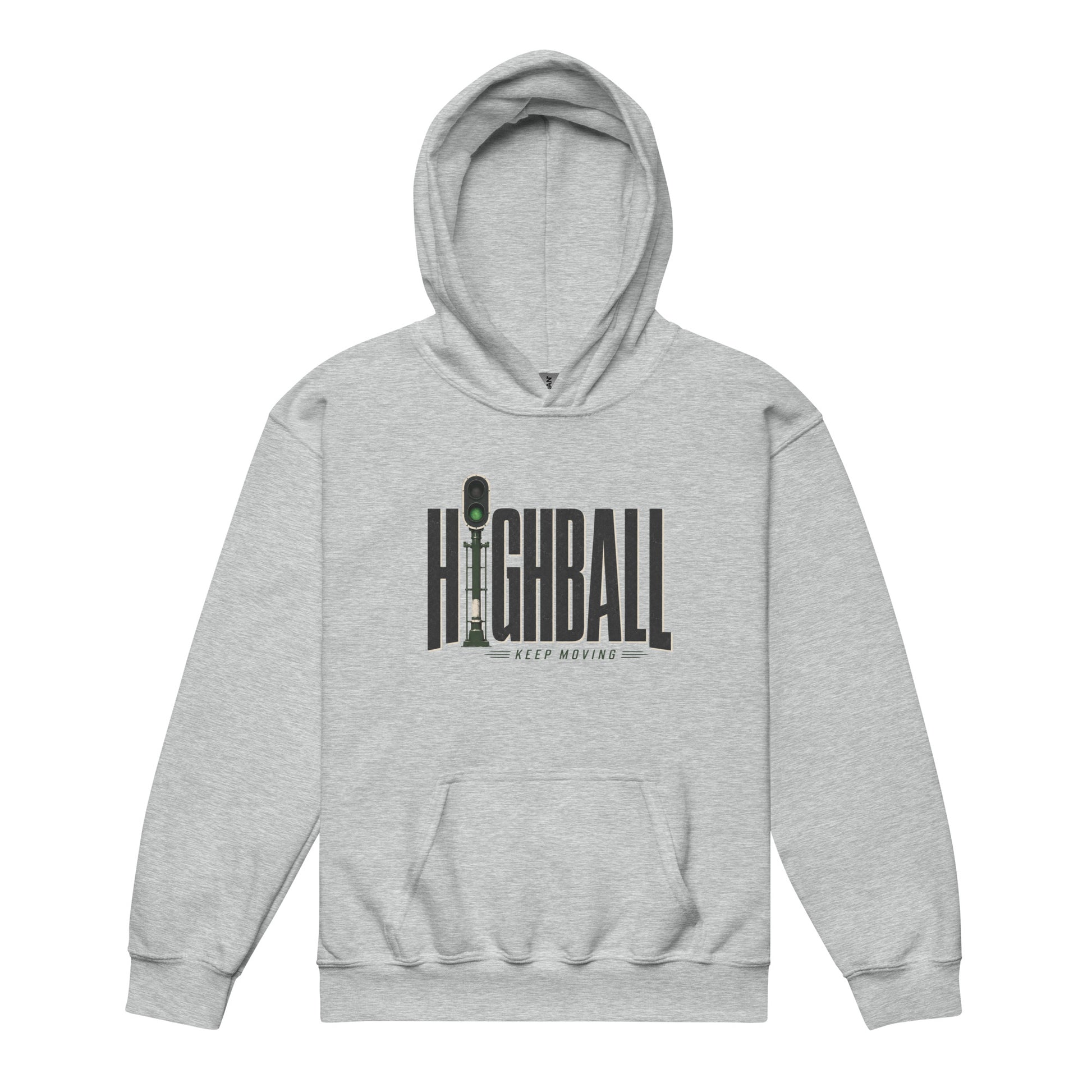 A gray pullover hoodie displayed on a plain white background, featuring a chest graphic with the word HIGHBALL in tall grey letters, where the letter I is a green railroad signal, sitting above the text KEEP MOVING.