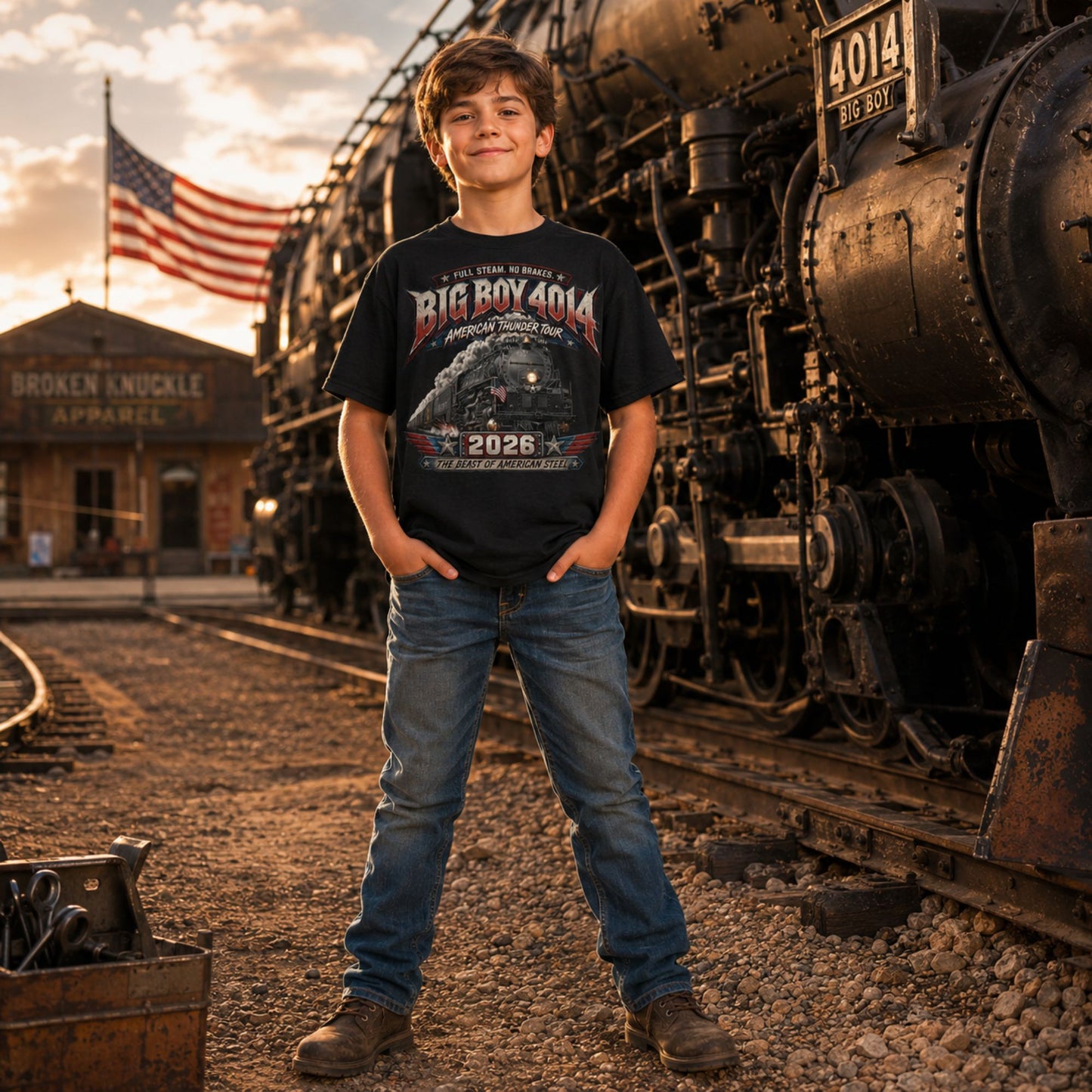 Young boy standing in front of a vintage steam locomotive with an American flag in the background. Wearing a Youth black t-shirt featuring a dynamic graphic of the Big Boy 4014 steam locomotive charging forward with billowing smoke and a small American flag on the front. Bold, aggressive text reads "FULL STEAM. NO BRAKES.", "BIG BOY 4014", "AMERICAN THUNDER TOUR", "2026", and "THE BEAST OF AMERICAN STEEL" in red, white, and blue patriotic styling.