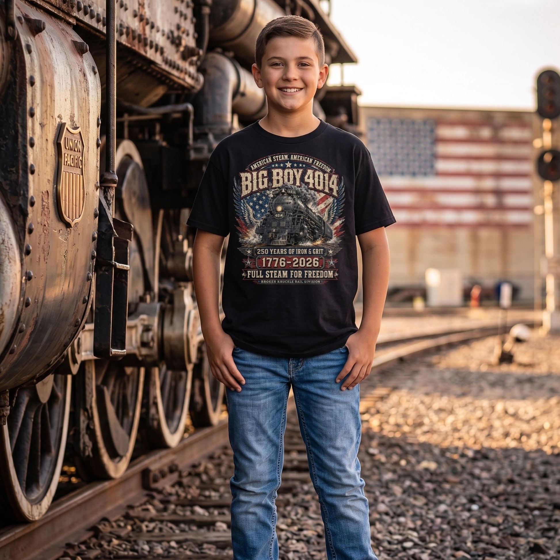 A boy wearing a Youth black t-shirt featuring a highly detailed patriotic graphic. The Big Boy 4014 steam locomotive is centered against a distressed American flag and eagle wings. Text reads "AMERICAN STEAM. AMERICAN FREEDOM.", "BIG BOY 4014", "250 YEARS OF IRON & GRIT", "1776 - 2026", "FULL STEAM FOR FREEDOM", and "BROKEN KNUCKLE RAIL DIVISION".