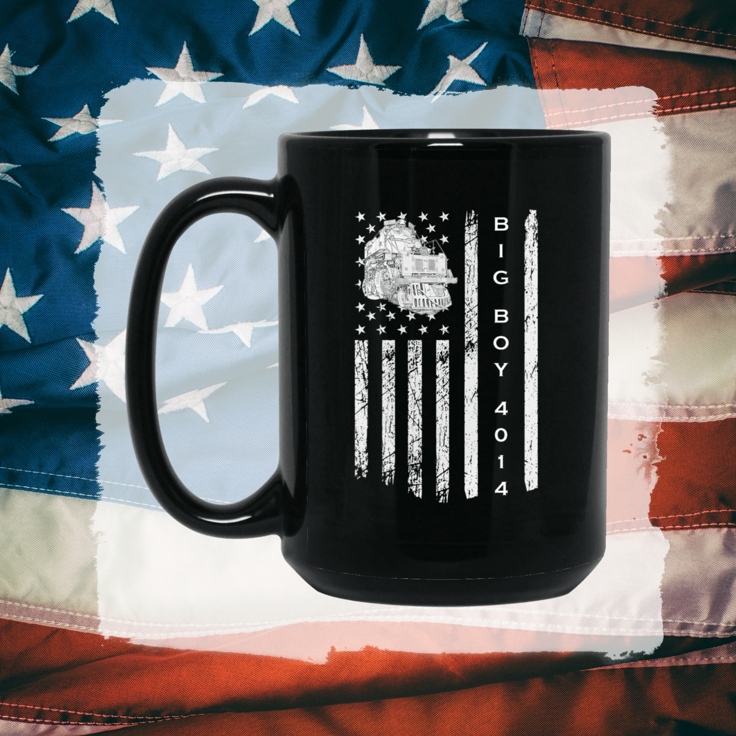 Big Boy 4014 American Flag 15 oz. Black Mug - Broken Knuckle Apparel