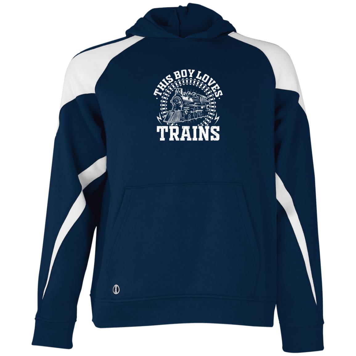This Boy Loves Trains Youth Athletic Colorblock Fleece Hoodie - Broken Knuckle Apparel