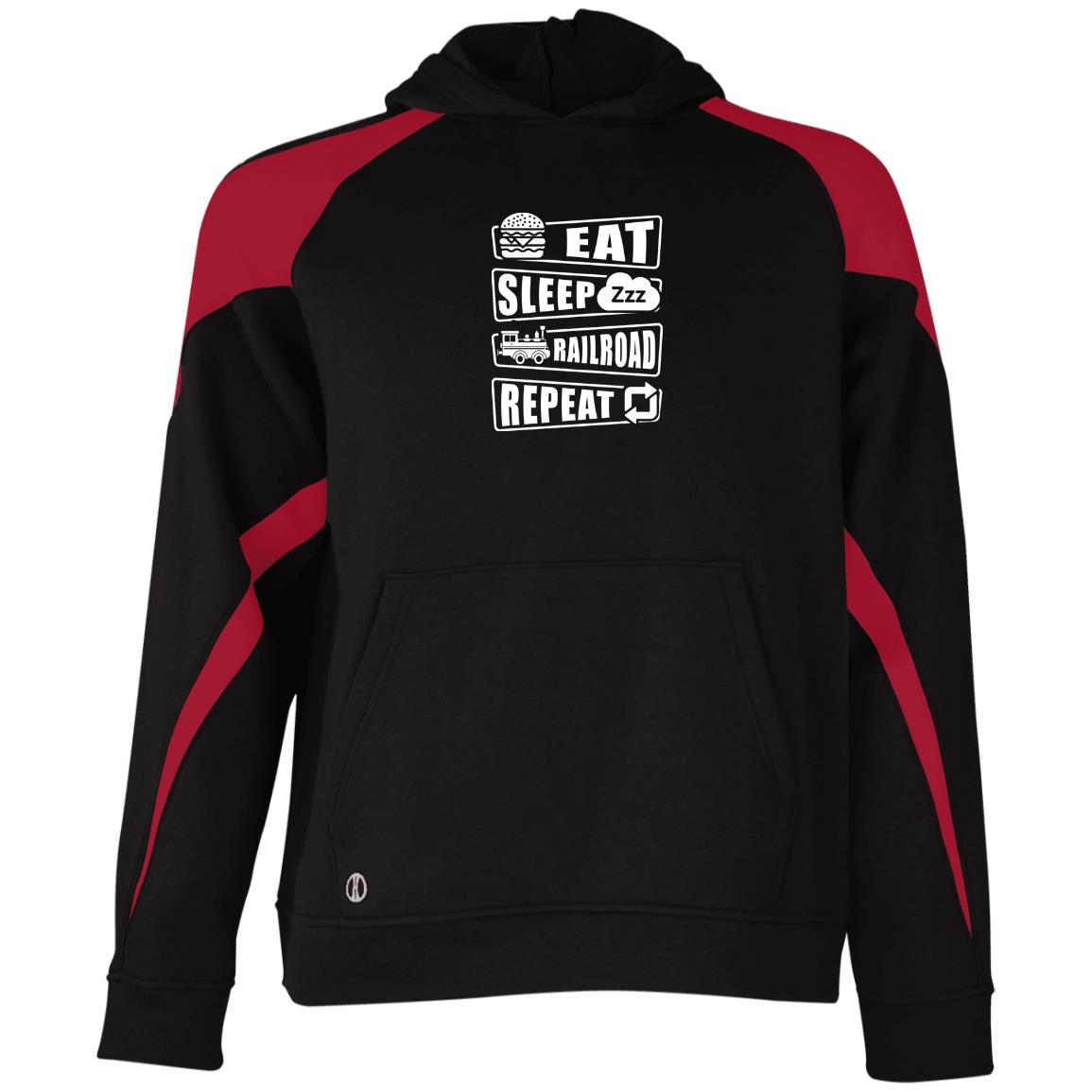 Eat, Sleep, Railroad, Repeat Youth Athletic Colorblock Fleece Hoodie - Broken Knuckle Apparel