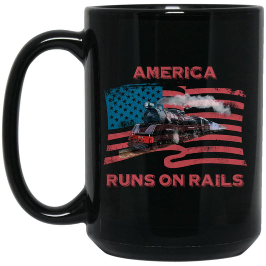 America Runs on Rails 15 oz. Black Mug - Broken Knuckle Apparel
