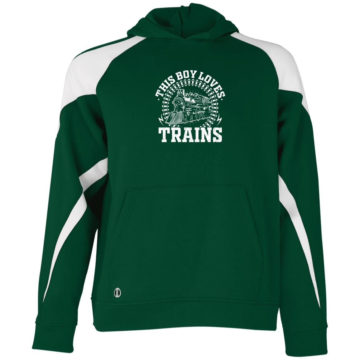 This Boy Loves Trains Youth Athletic Colorblock Fleece Hoodie - Broken Knuckle Apparel