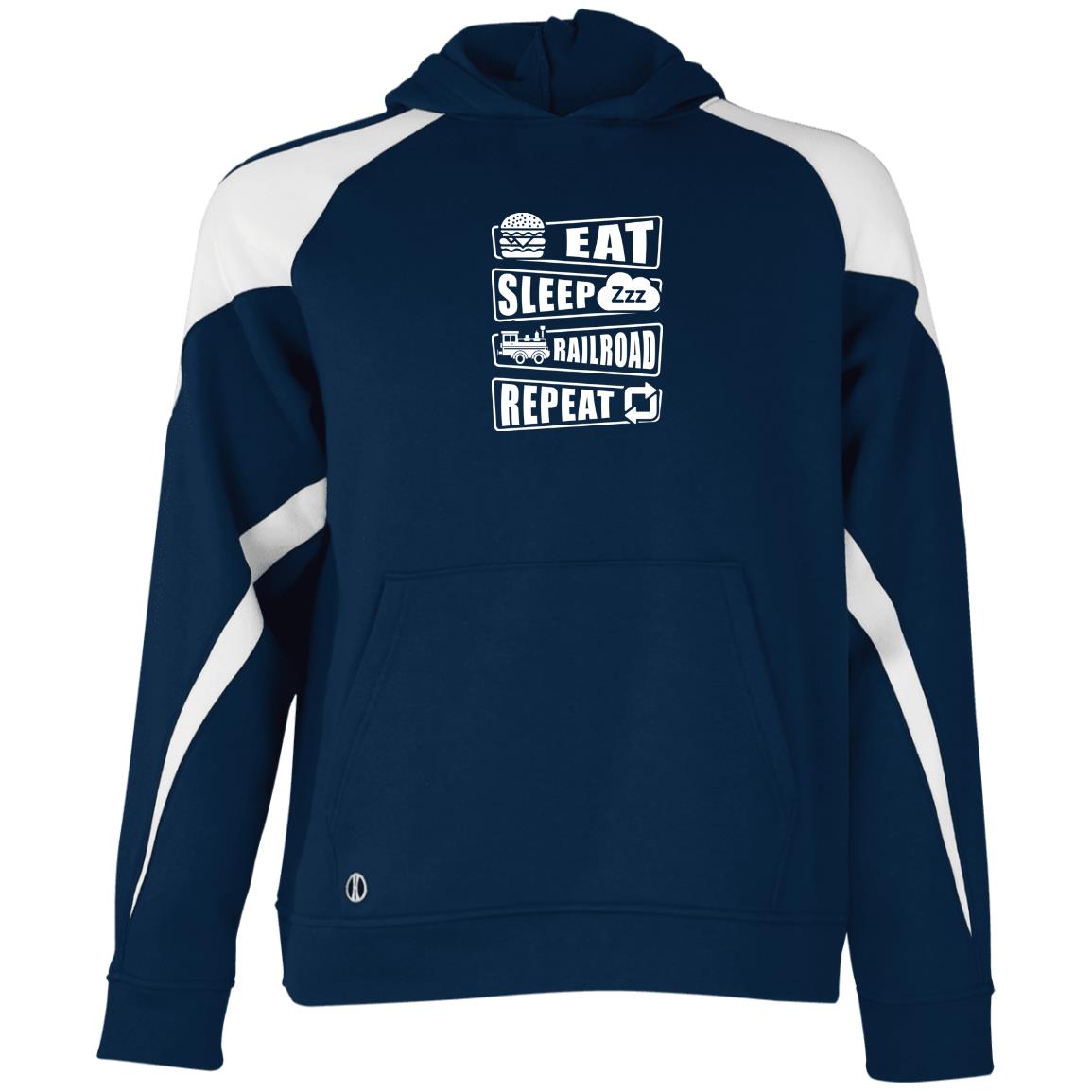 Eat, Sleep, Railroad, Repeat Youth Athletic Colorblock Fleece Hoodie - Broken Knuckle Apparel