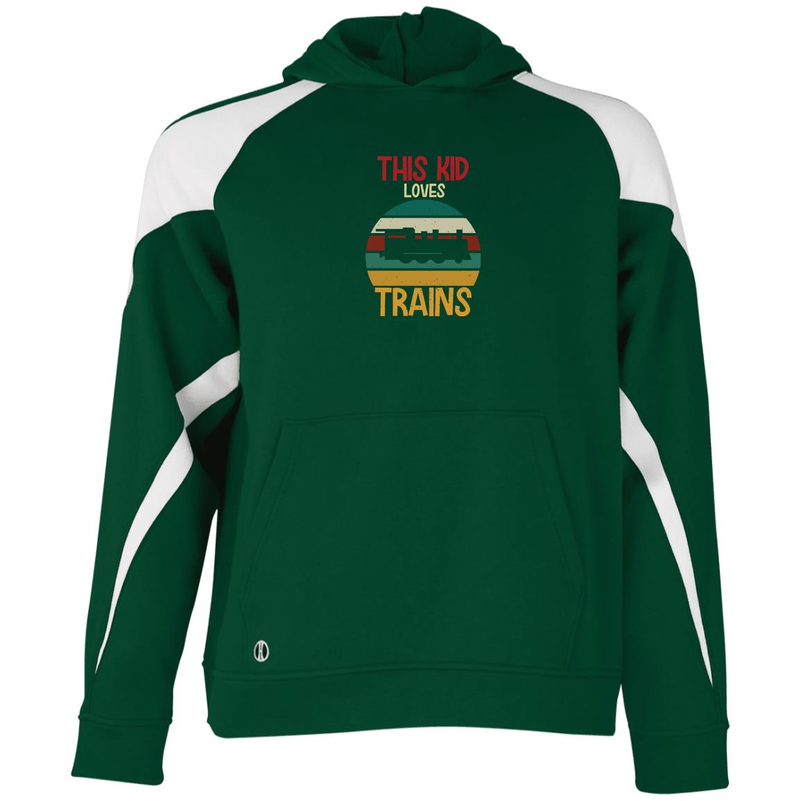 This Kid Loves Trains Youth Athletic Colorblock Fleece Hoodie - Broken Knuckle Apparel