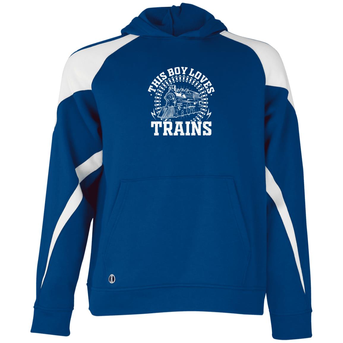 This Boy Loves Trains Youth Athletic Colorblock Fleece Hoodie - Broken Knuckle Apparel